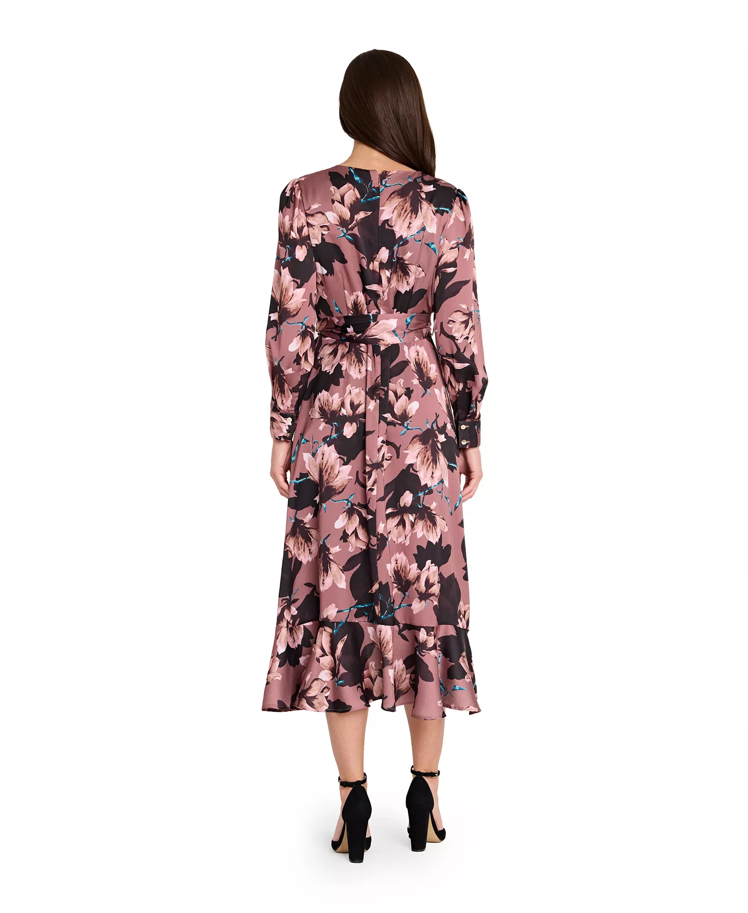 Women's V-Neck Ruffle Midi Dress - Mauve Floral - 10