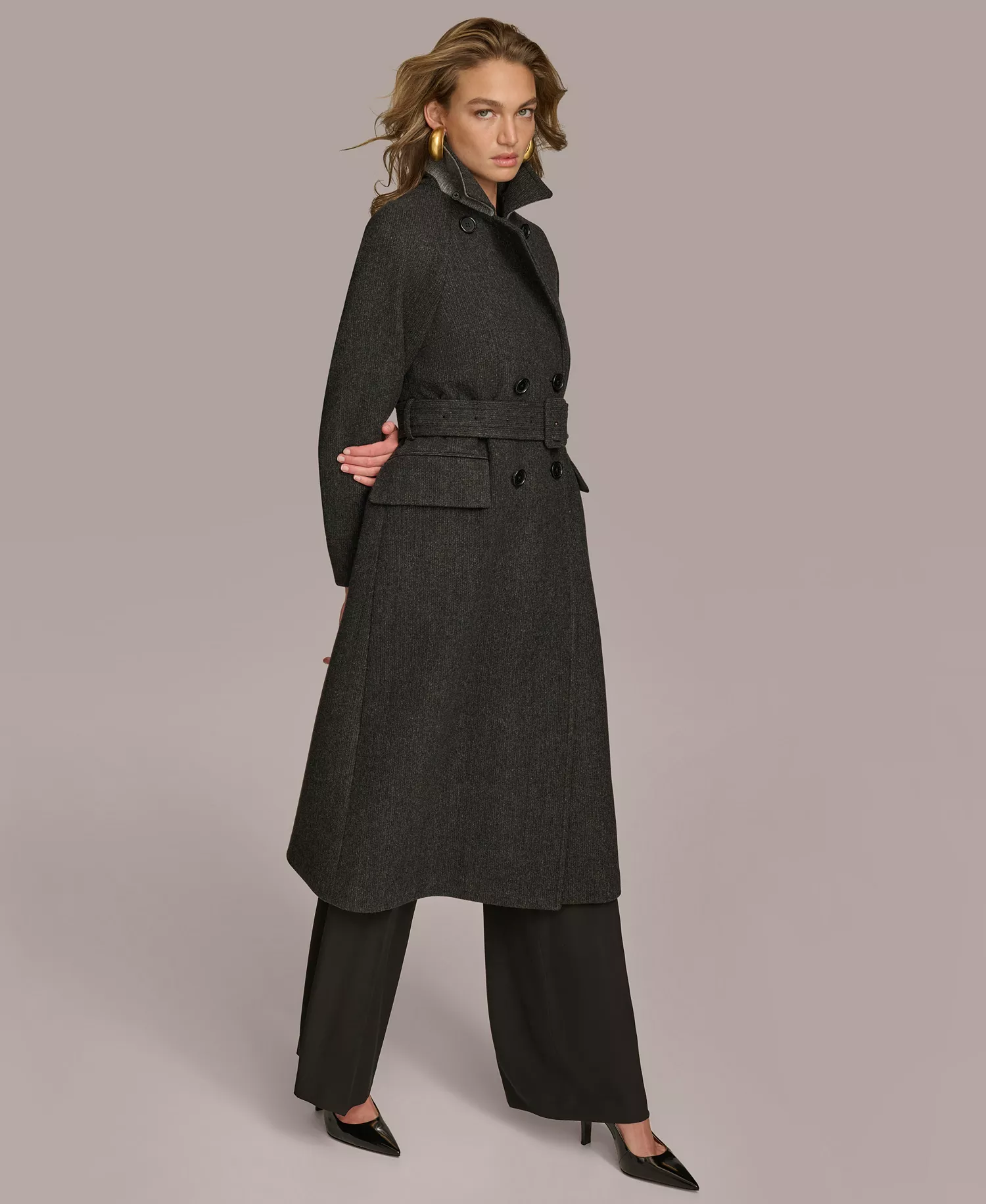 Women's Double-Breasted Belted Wrap Coat - Black - L
