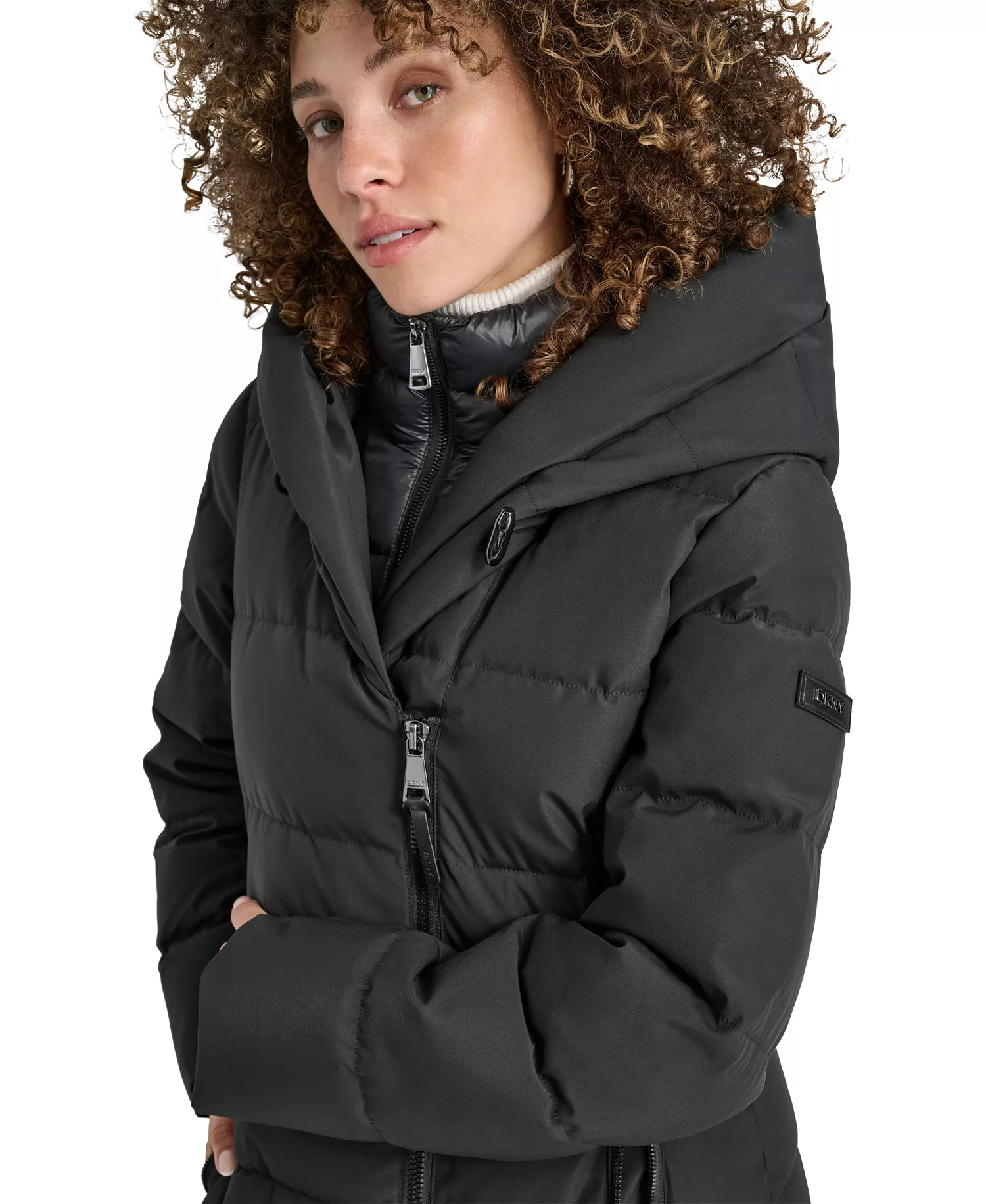 Women's Bibbed Shawl Collar Hooded Puffer Coat - Black - L