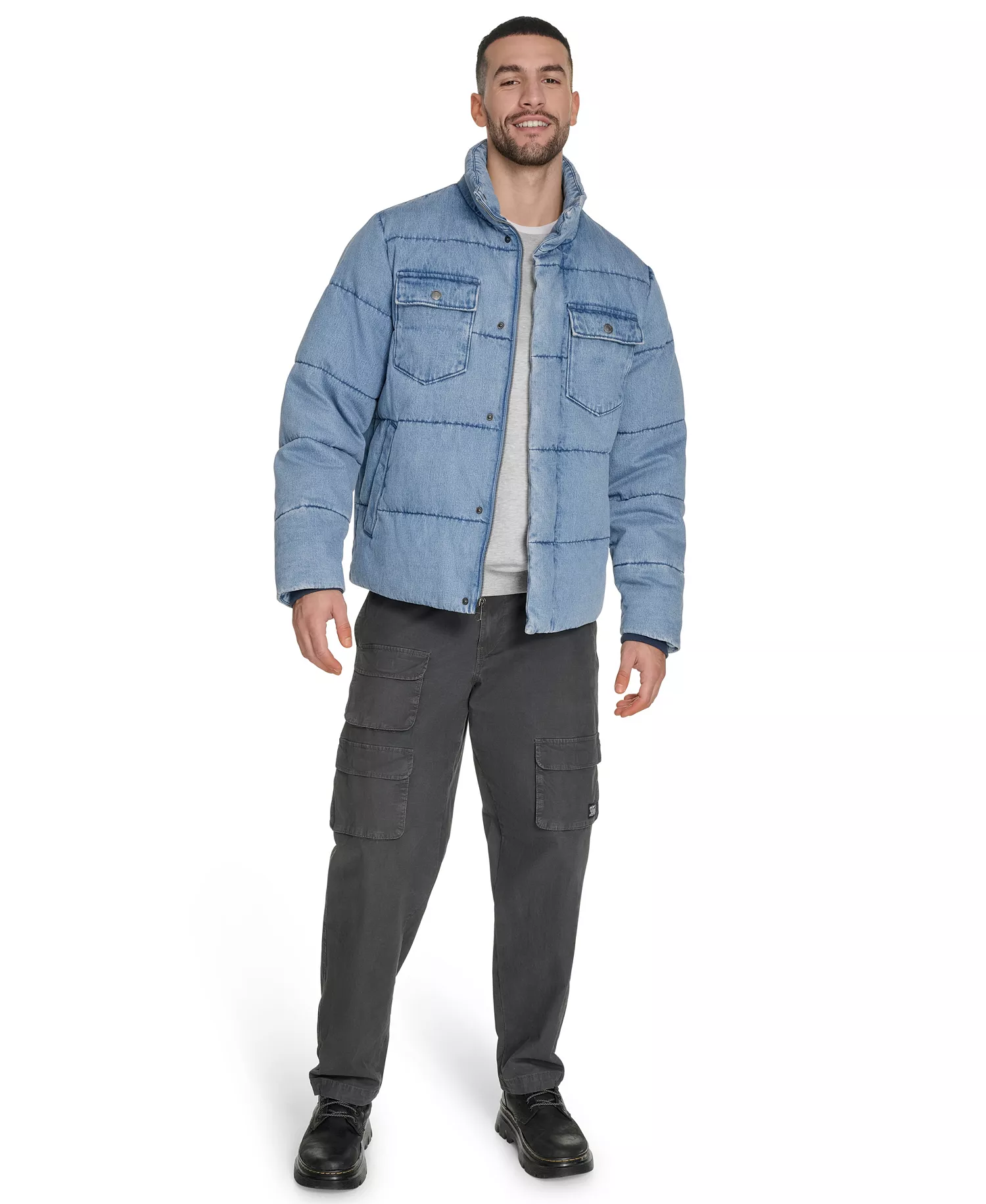 Men's Denim Quilted Puffer Jacket - Light Wash Denim - 2XL