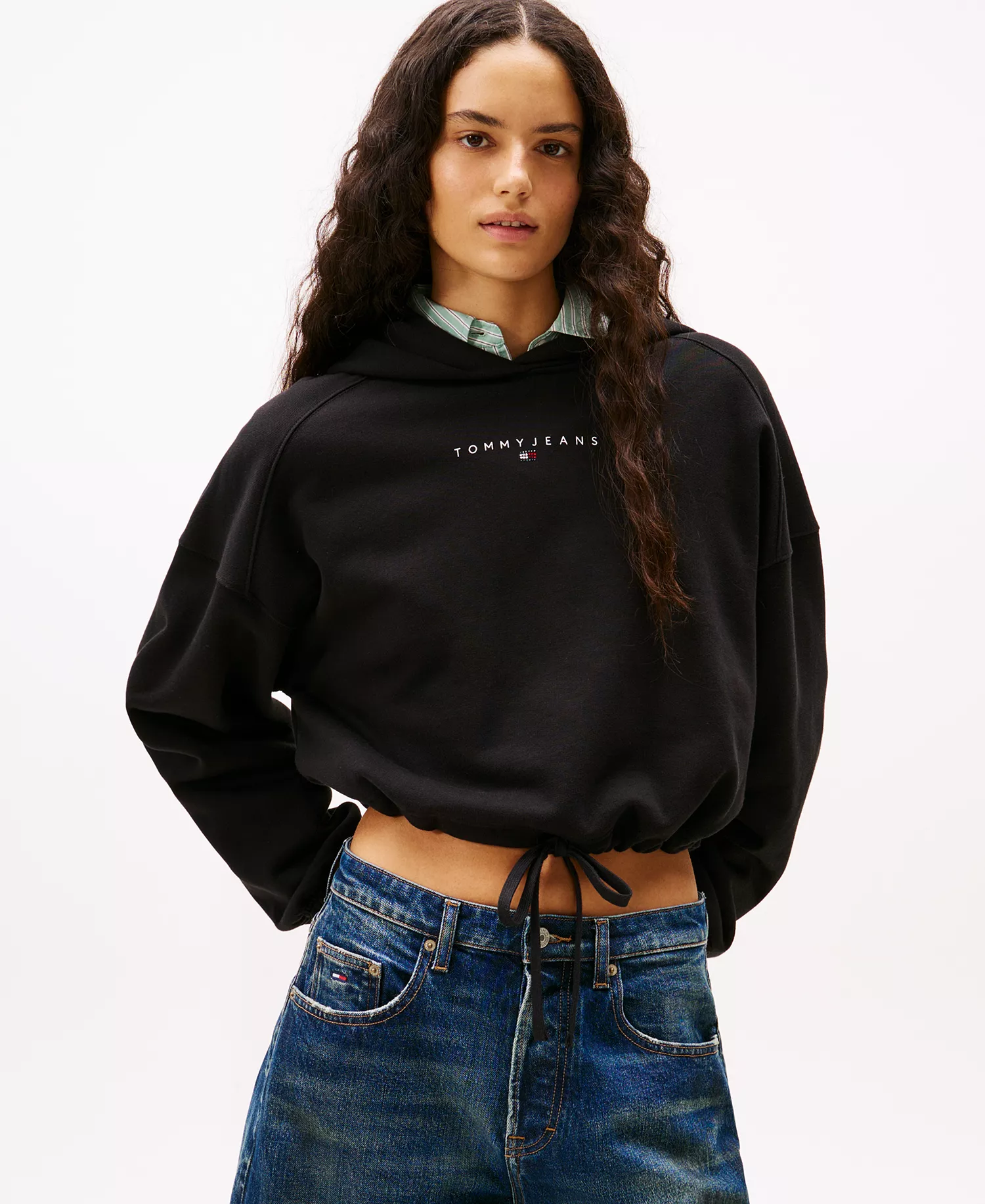 Women's Crop Linear Bling Hoodie - Black - L