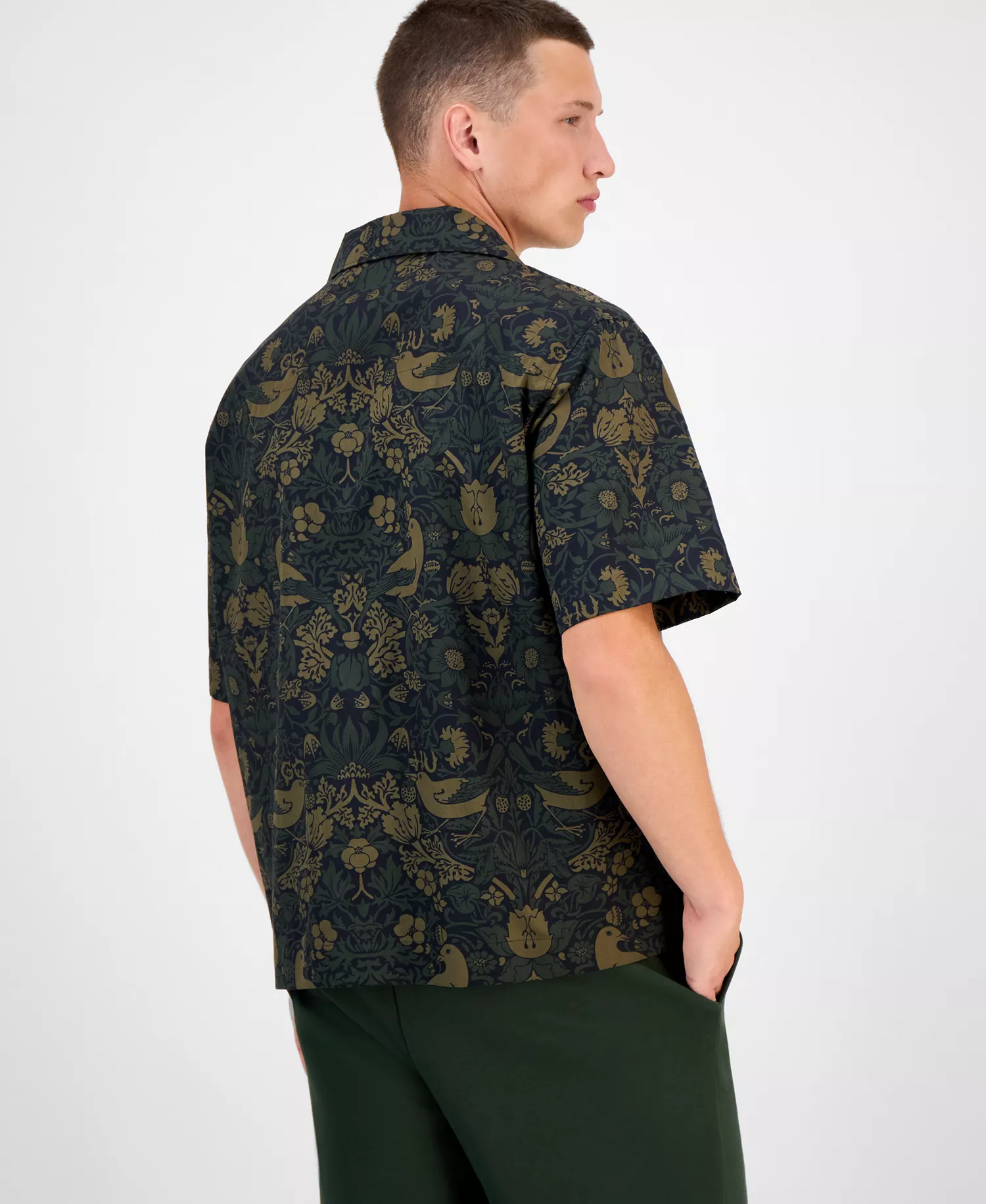 Hugo Boss Men's Espino Oversized Short Sleeve Bird Print Button-Front Camp Shirt - Open Green - 2XL