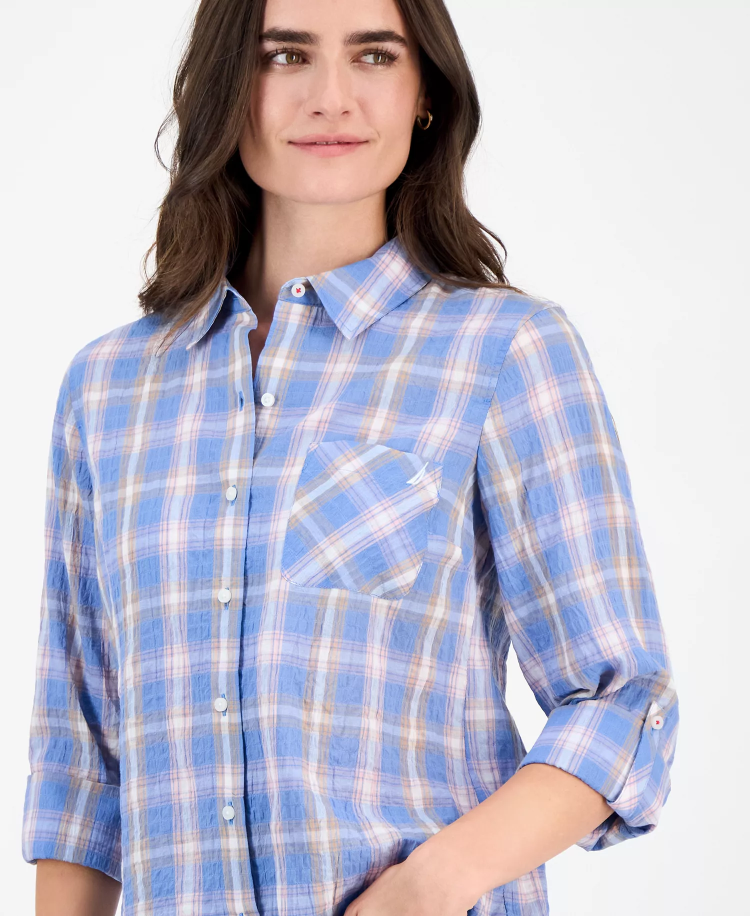 Nautica Women's Cotton Crinkle Plaid Roll-Tab Shirt - Blue Haze Multi - L