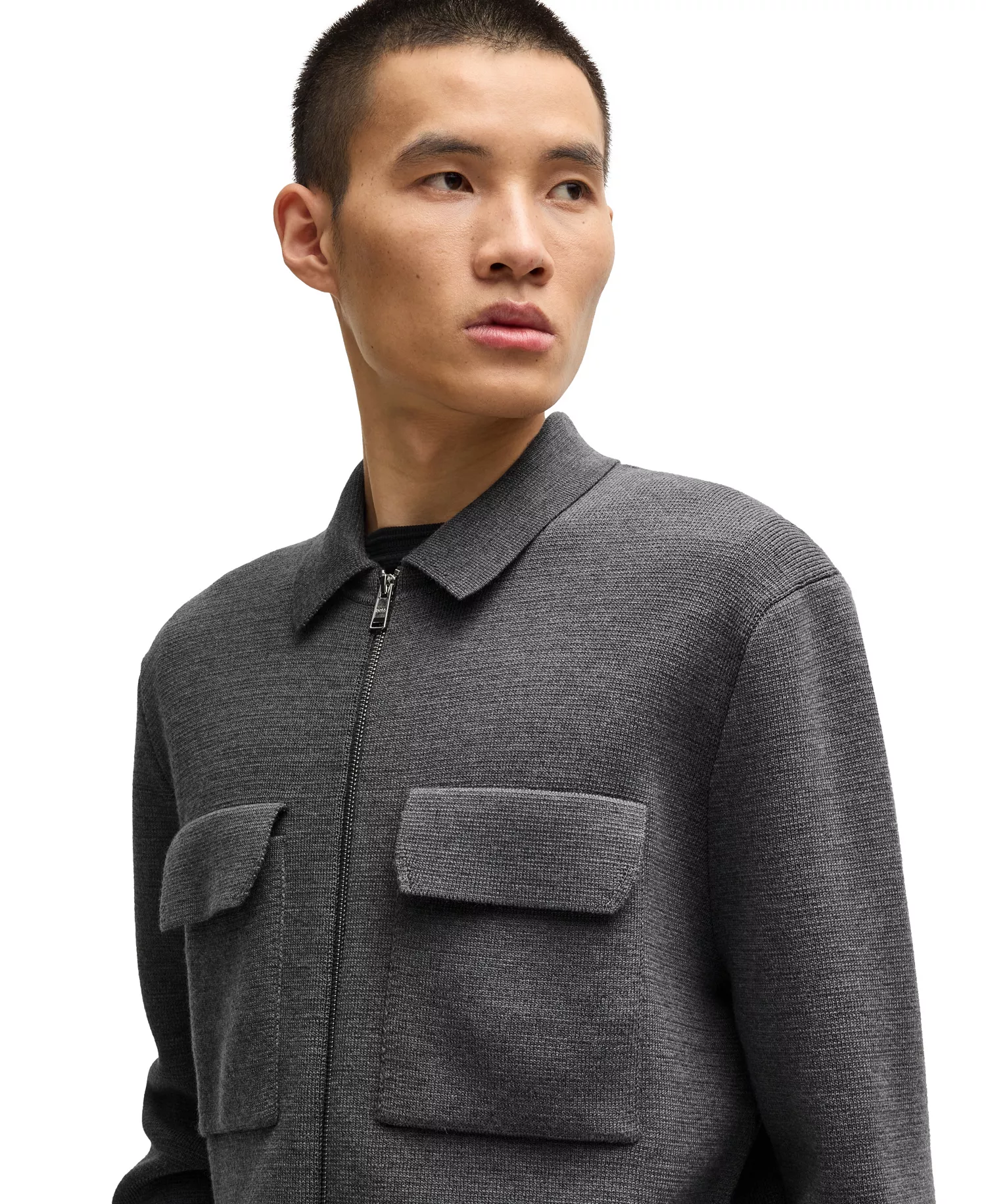 Men's Virgin Wool Zip-Up Regular-Fit Jacket - Open Gray - M