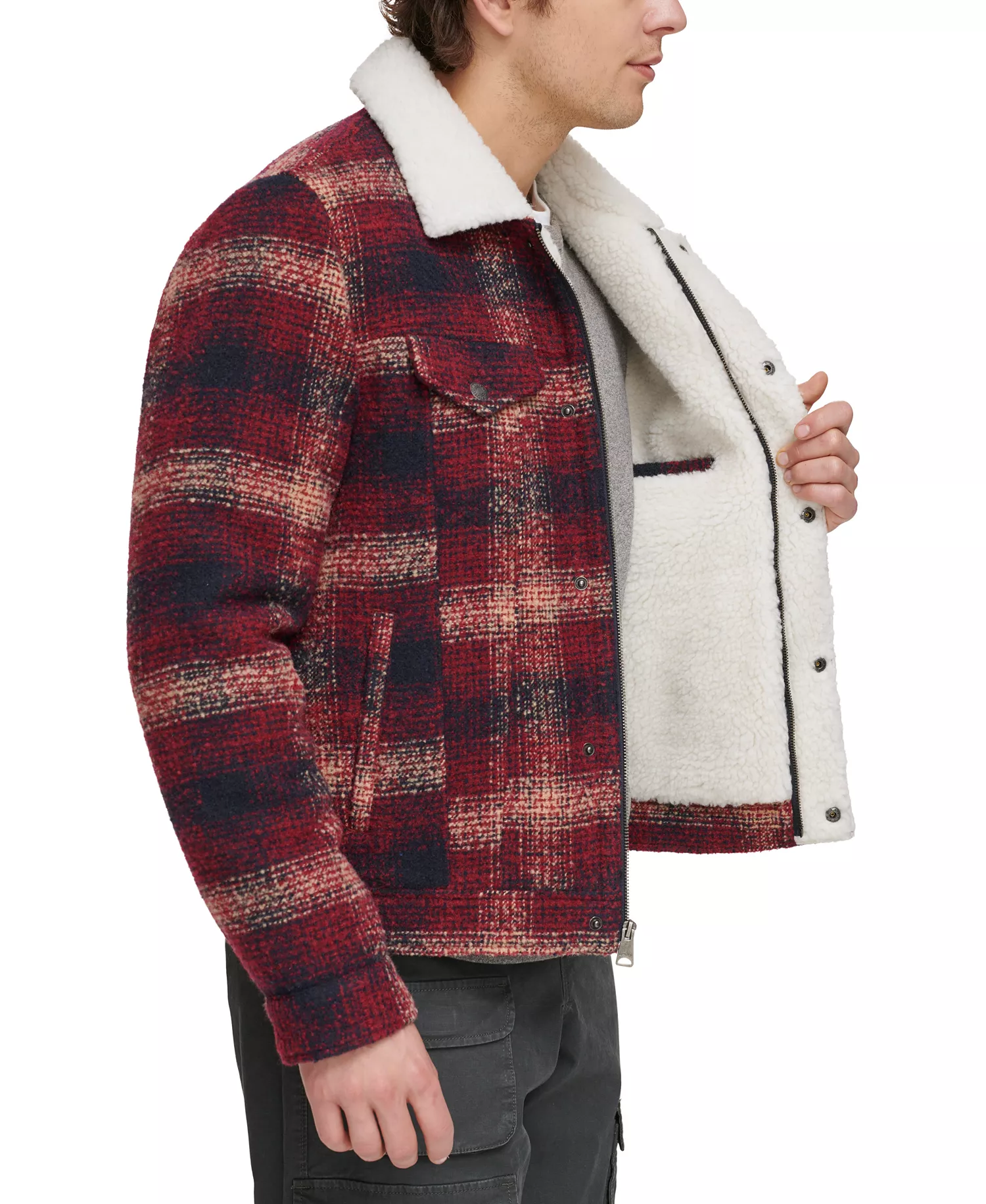 Men's Plaid Fleece-Lined Trucker Jacket - Red Multi - 2XL