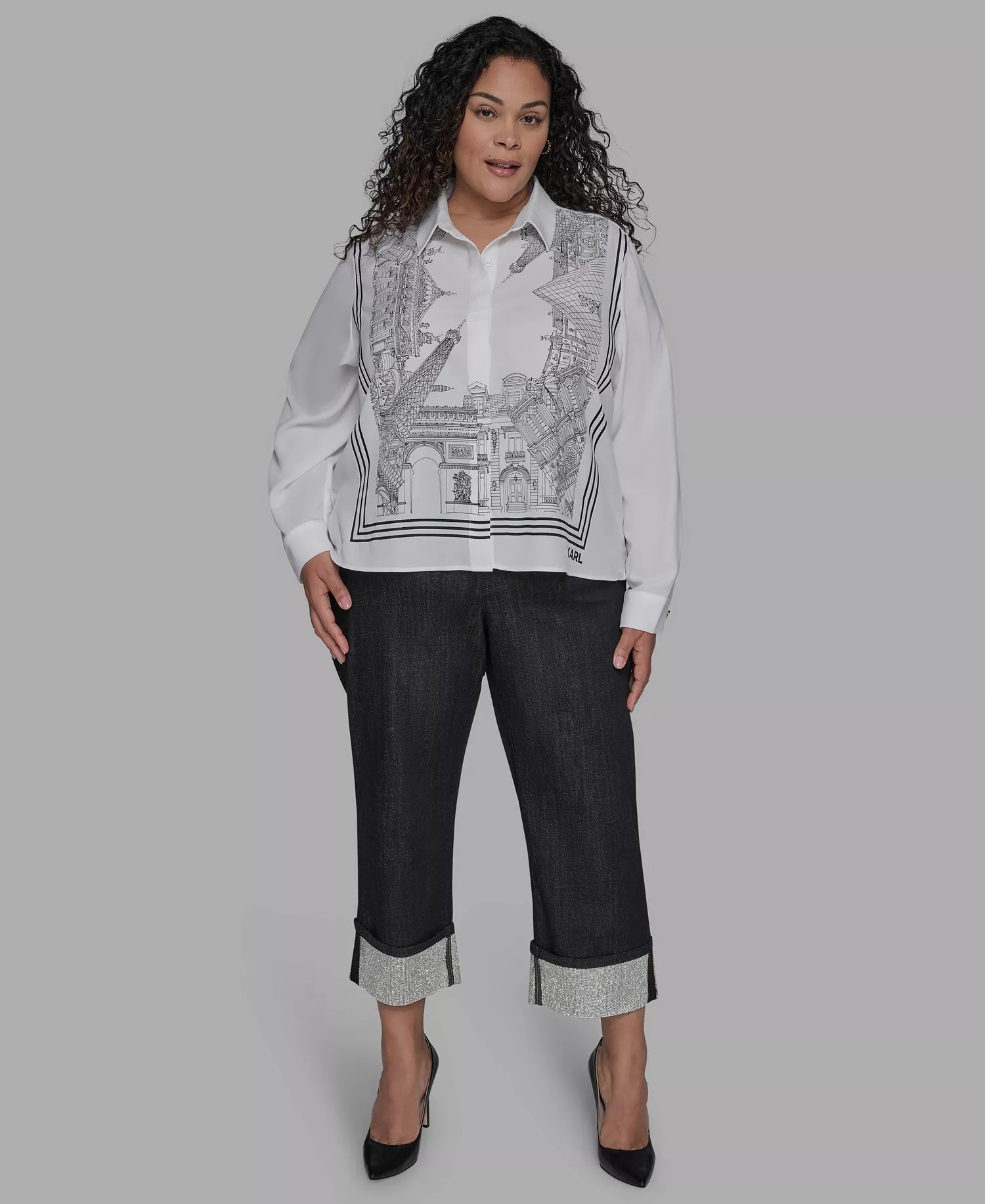 Plus Size Paris-Print Button-Front Blouse - Soft White - 1X