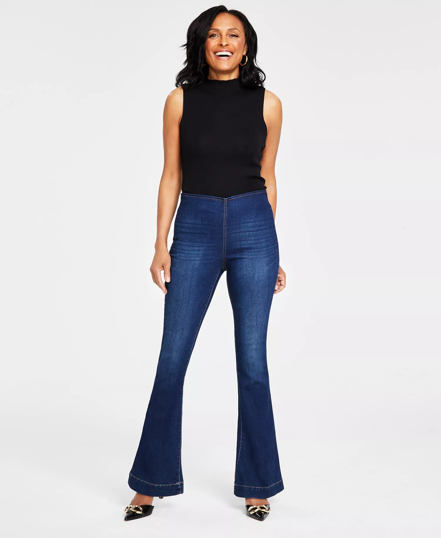 Women's High Rise Pull-On Flare Jeans, Created for Macy's - MEDIUM INDIGO - 4