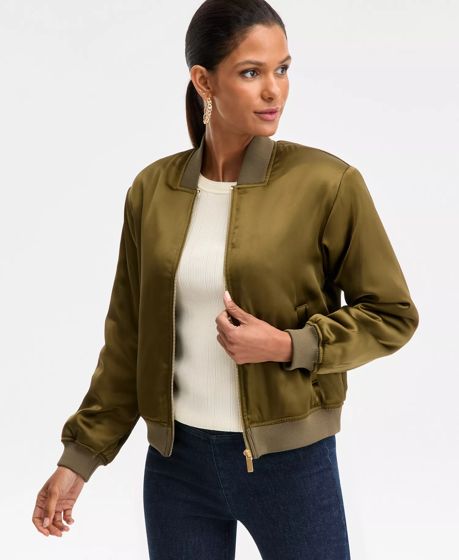 Women's Satin Bomber Jacket, Macy's Exclusive  - Dark Olive - XL