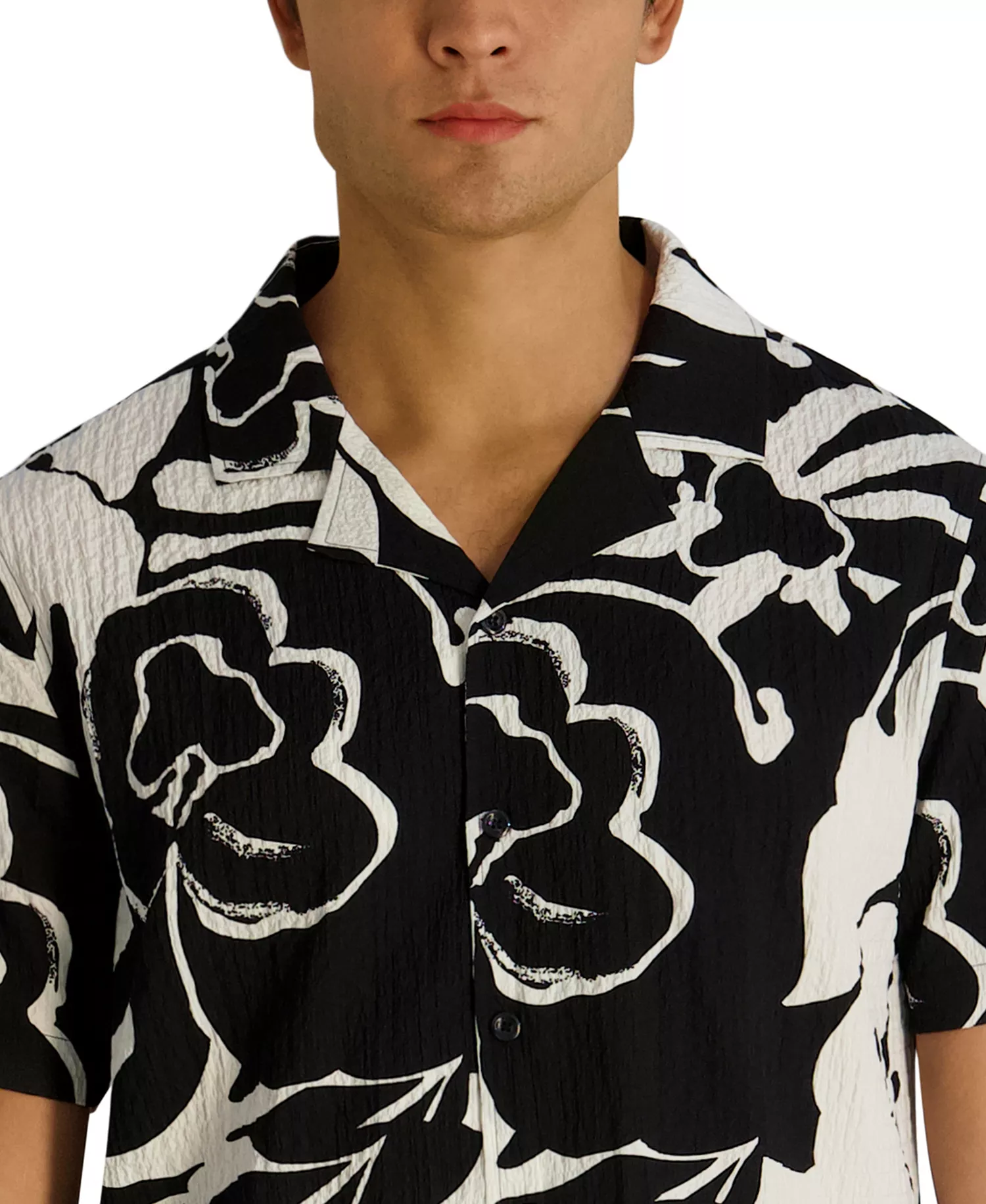 Men's Seersucker Floral Camp Collar Textured Shirt - Black/White - 2XL