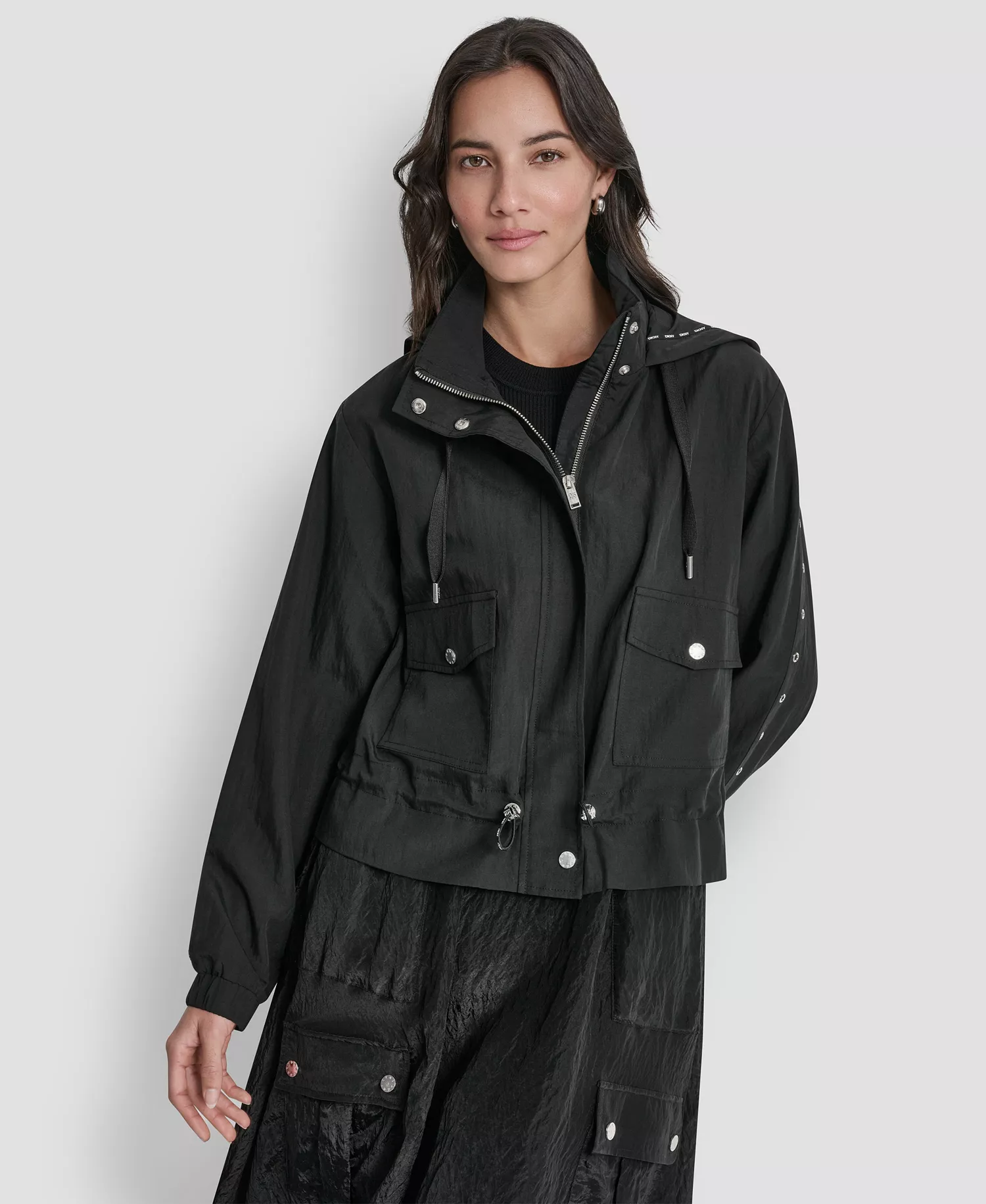 Women's Studded Hooded Anorak Jacket - Black - L