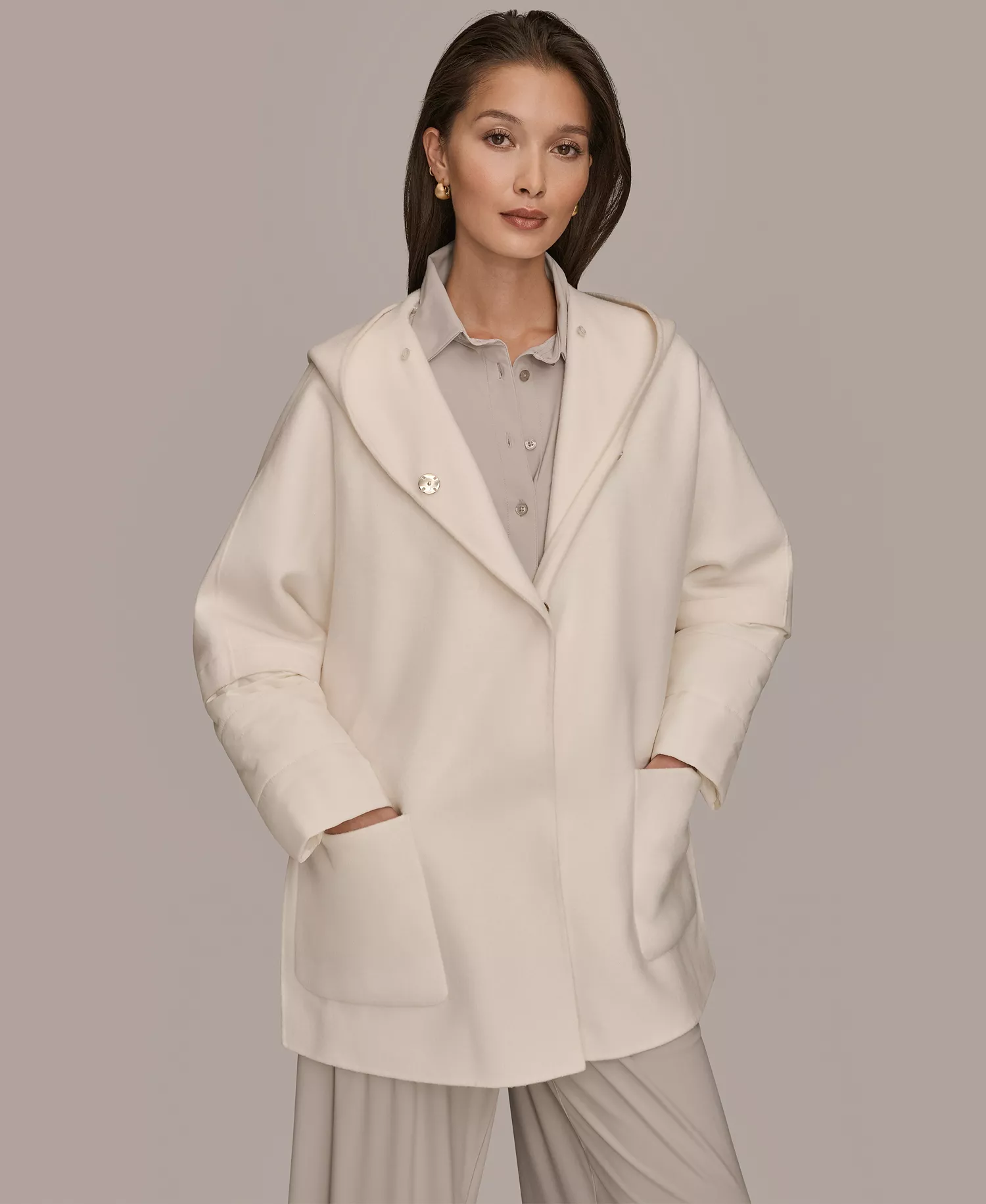Women's Double Face Wool Cape Coat with Detachable Hood - Cream - L