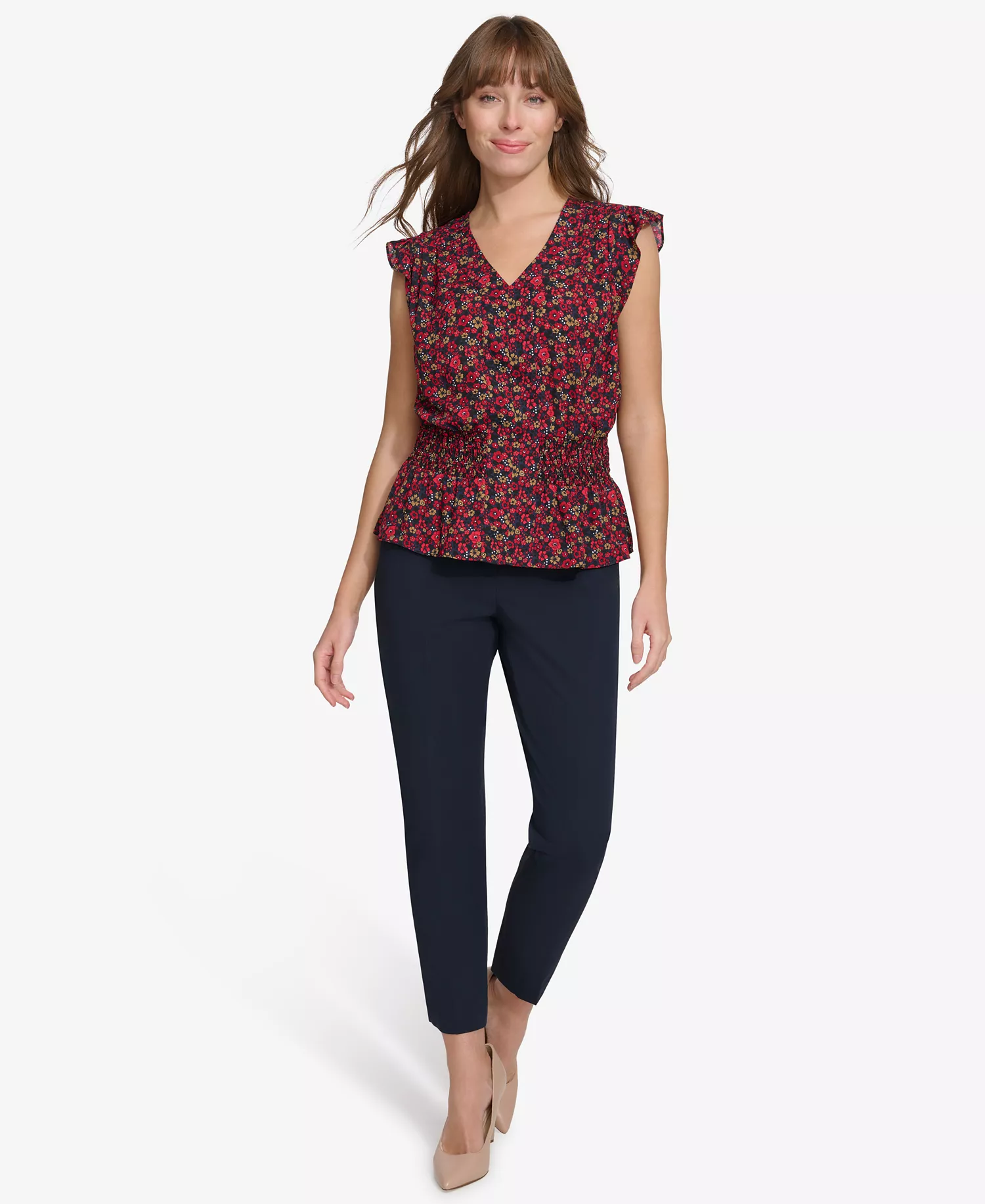 Women's Printed Smocked Cap-Sleeve Top - Mid/chili - L