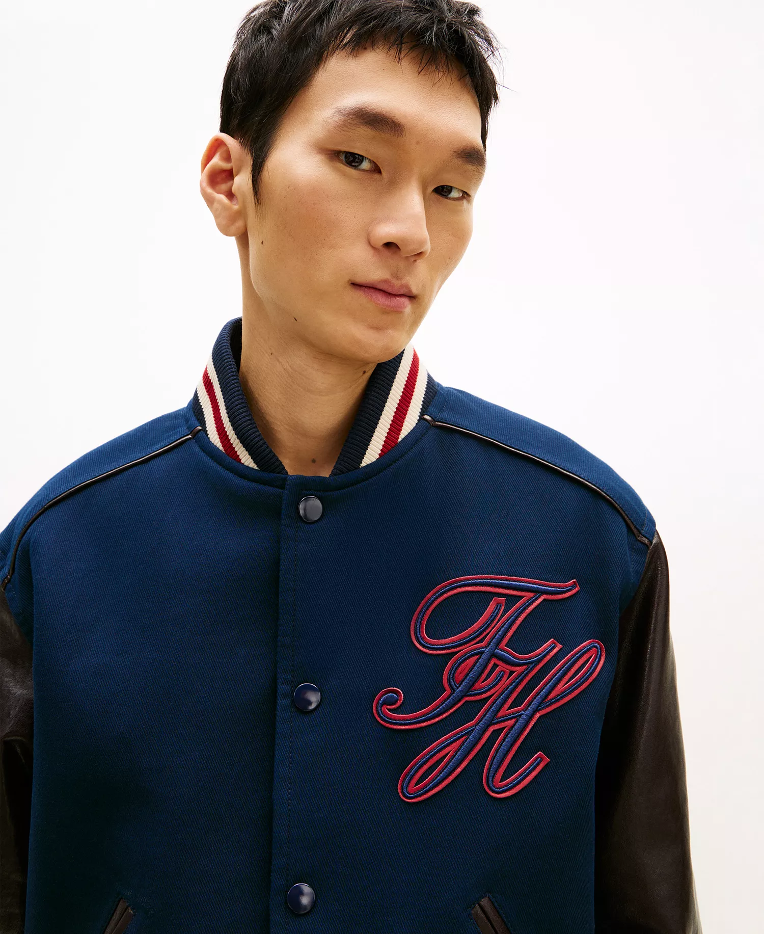 Men's Regular-Fit Leather Varsity Jacket - Carbon Navy - L