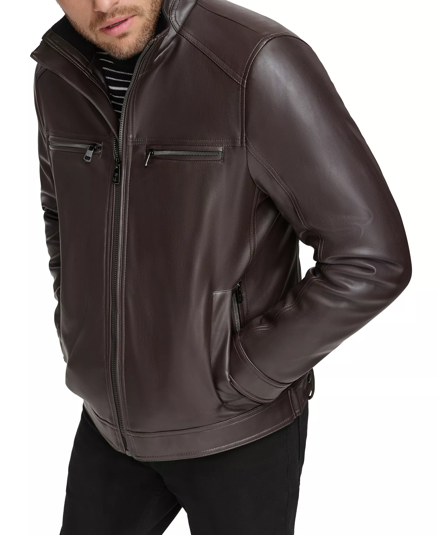 Men's Faux Leather Moto Jacket, Created for Macy's - Heritage Brown - 2XL