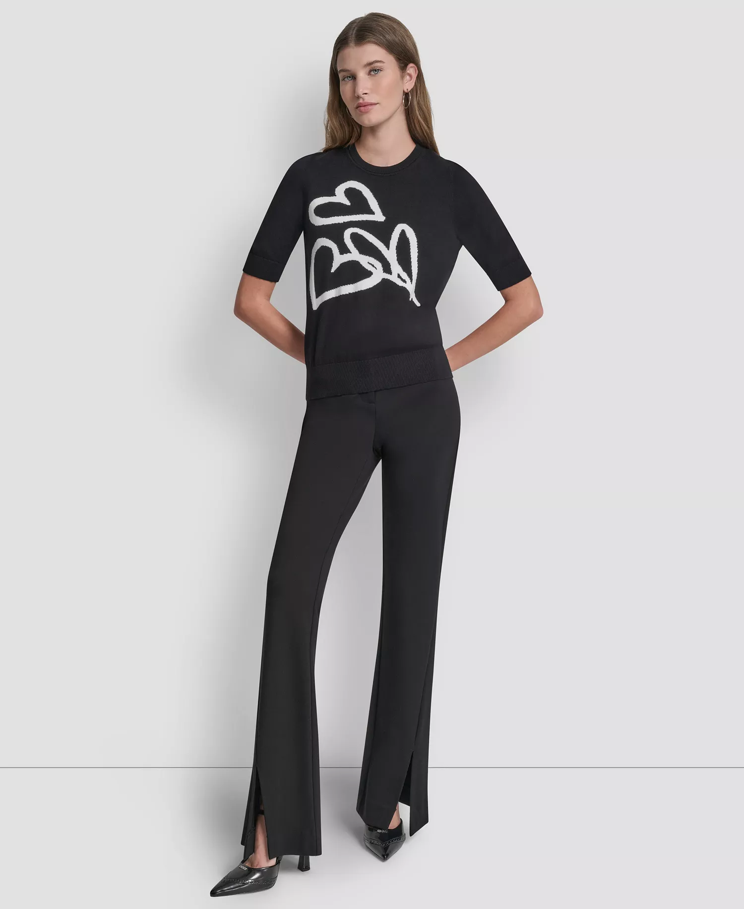 Women's Short-Sleeve Graffiti Hearts Sweater Top - Black/Ivory - L