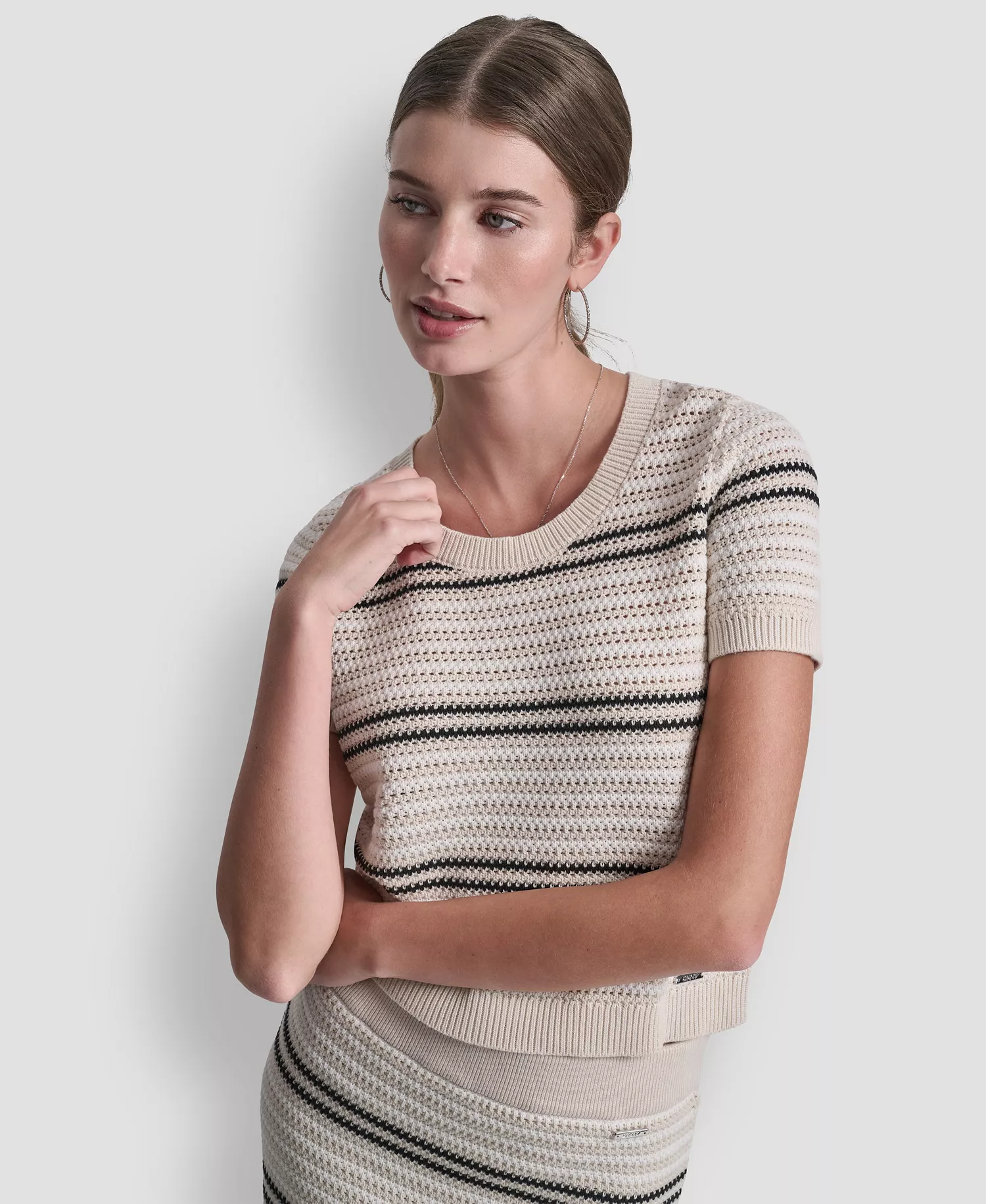 Women's Scoop Neck Striped Pointelle Sweater - Natural/ivory/black - L
