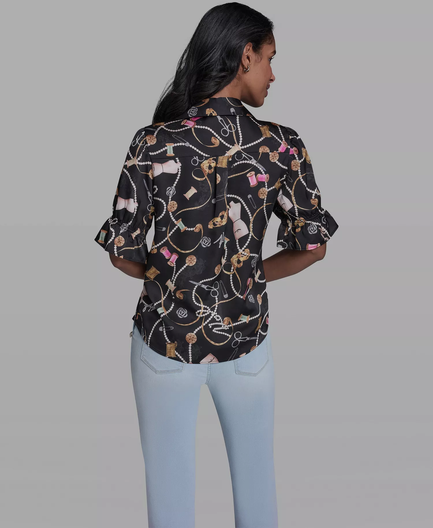 Women's All-Over Sewing Detail Printed Button-Front Blouse - Black Multi - L