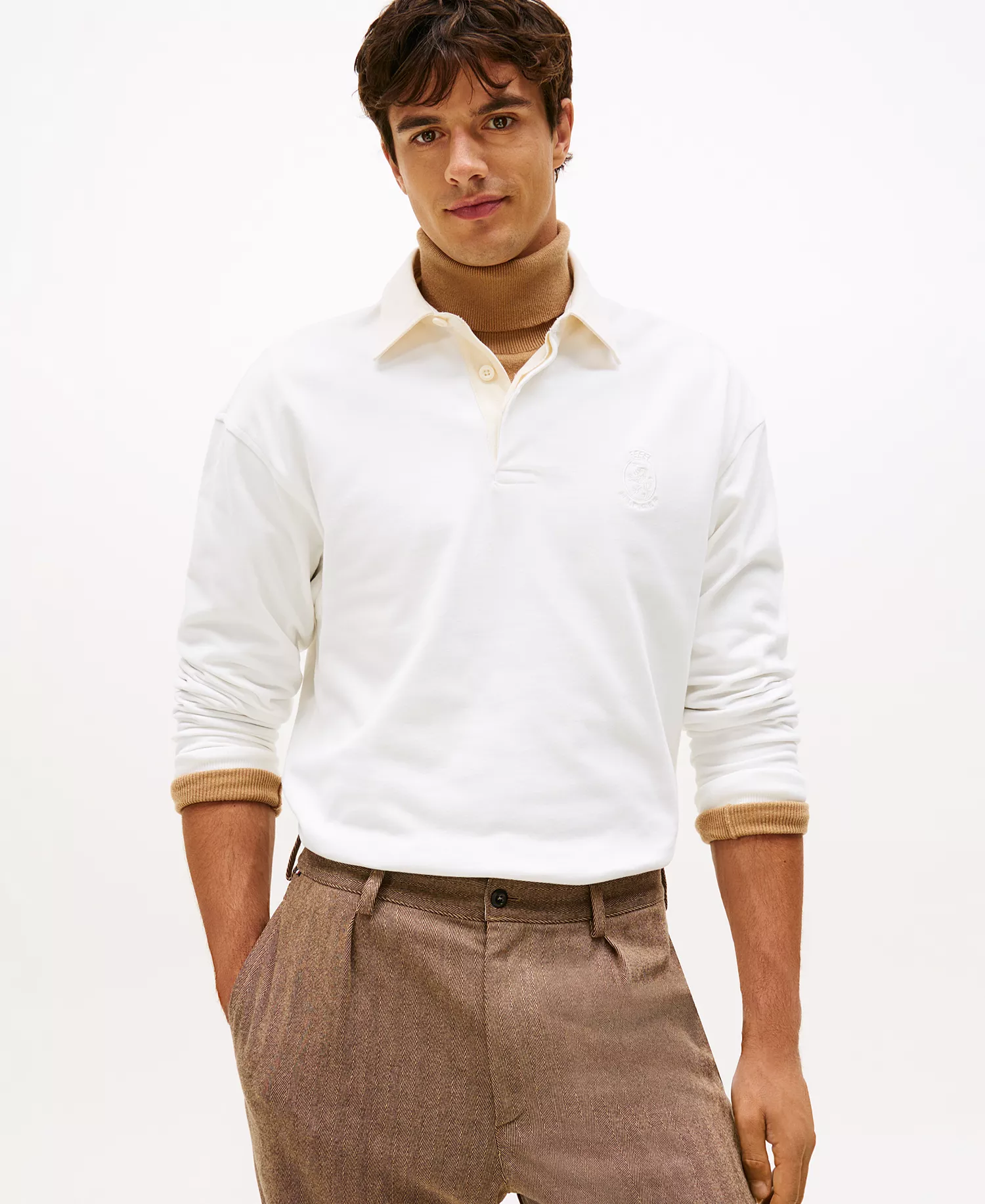 Men's Embroidered Logo Crest Rugby Shirt - Ecru - L