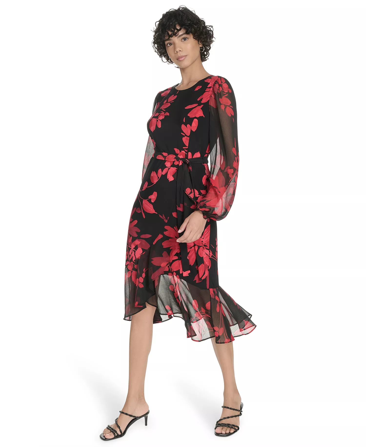 Petite Long-Sleeve Chiffon Combo Midi Dress - Deep Scarlet Multi - 0P