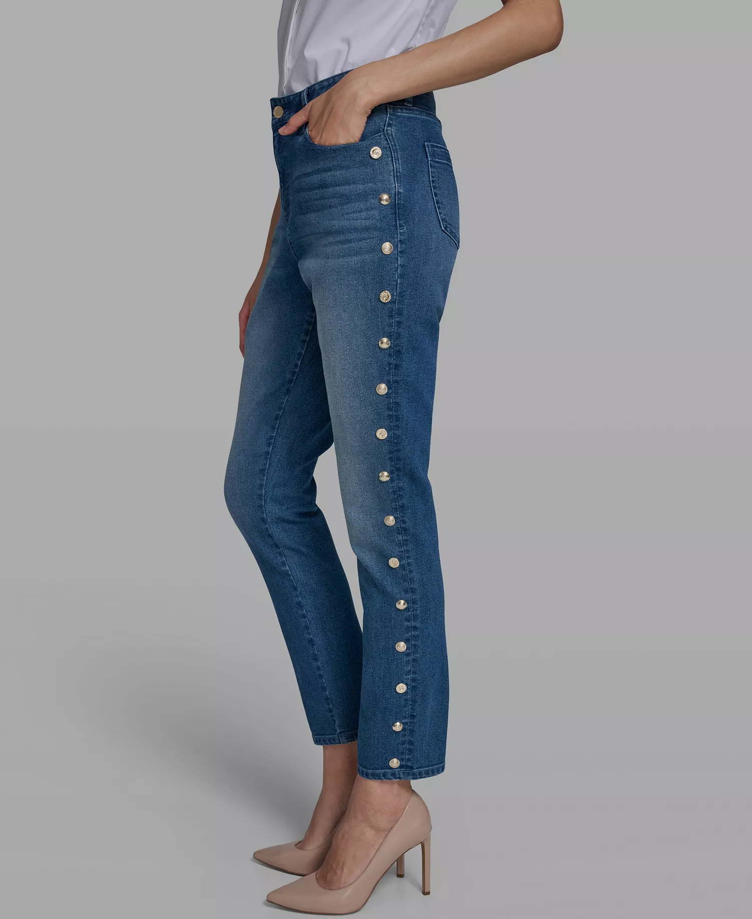 Women's Mid-Rise Studded Straight Jeans - Steel Blue - 0