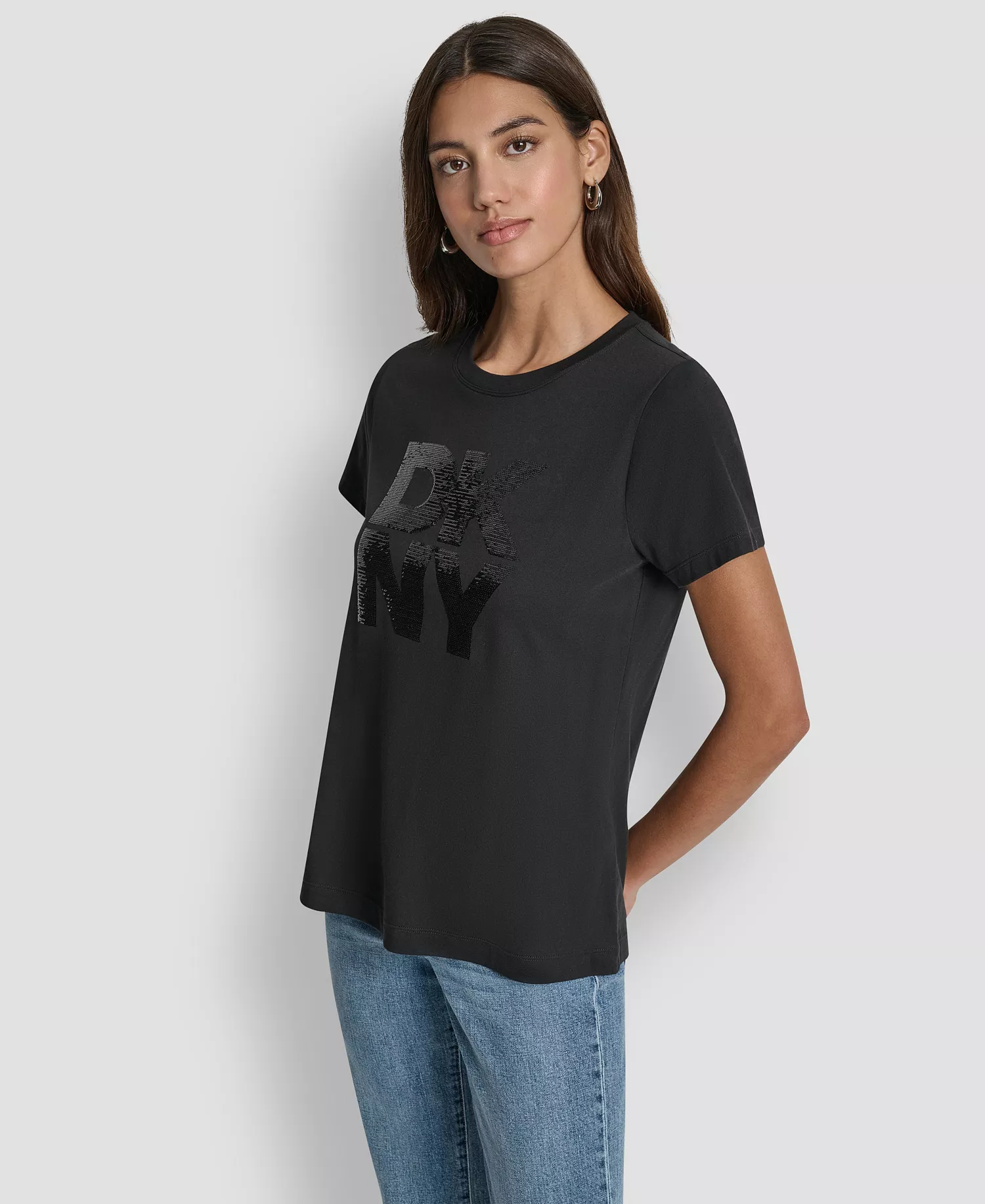Women's Embellished Logo Detail Crew Neck T-Shirt - Black/Black - L