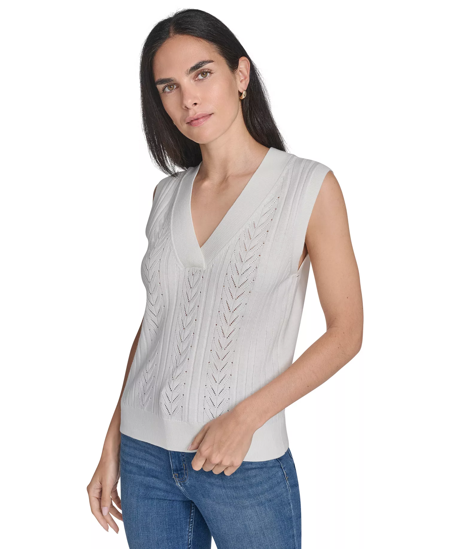 Nautica Women's V-Neck Pointelle Sweater - Ivory - L
