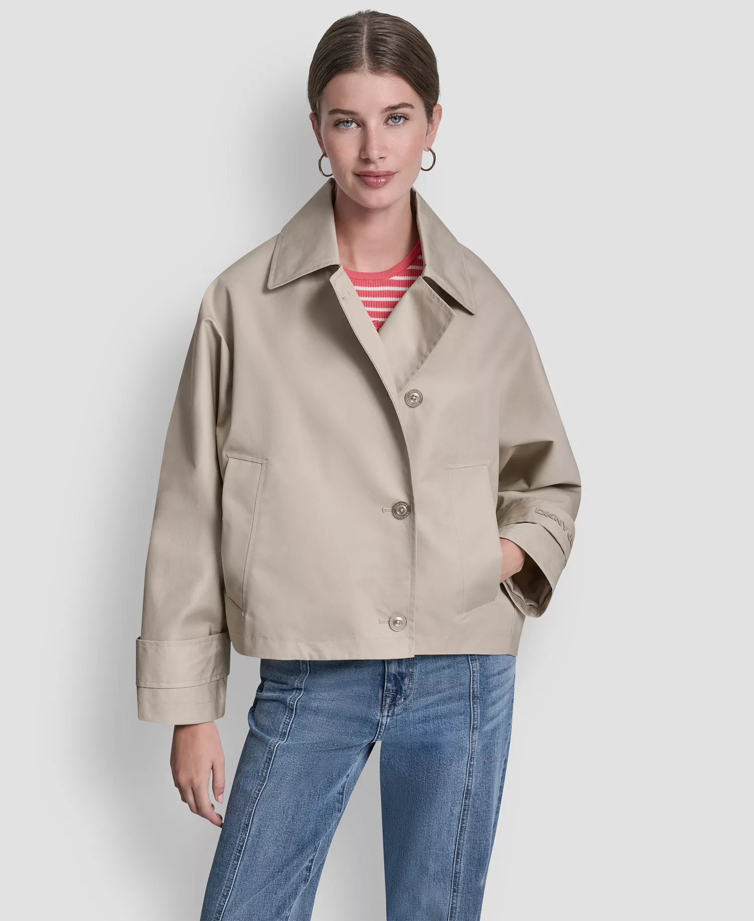 Women's Short Single Breasted Dolman Sleeve Military Trench Jacket - Pebble - L - Regular