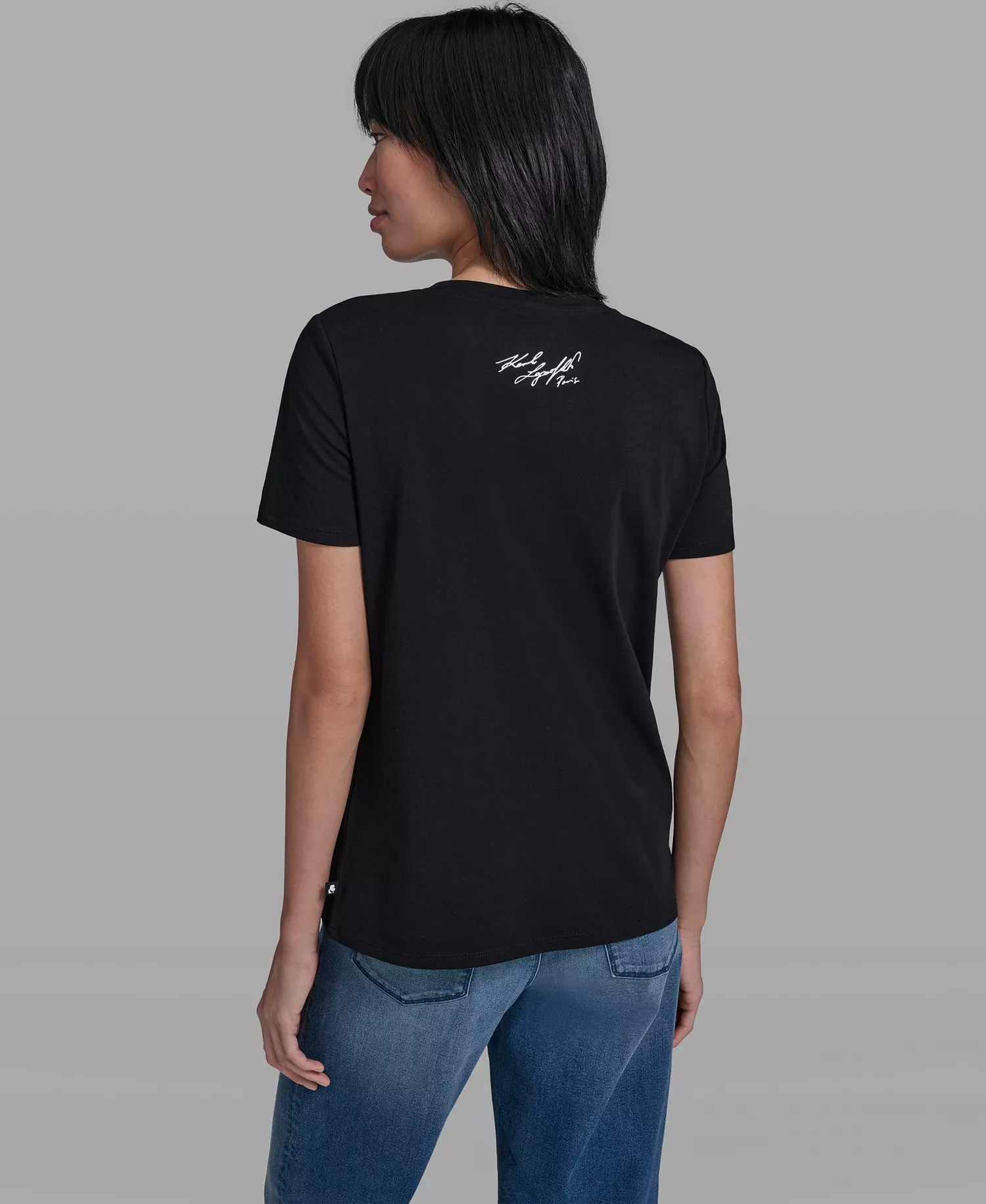 Women's Crew Neck Denim Flower T-Shirt - Black - L