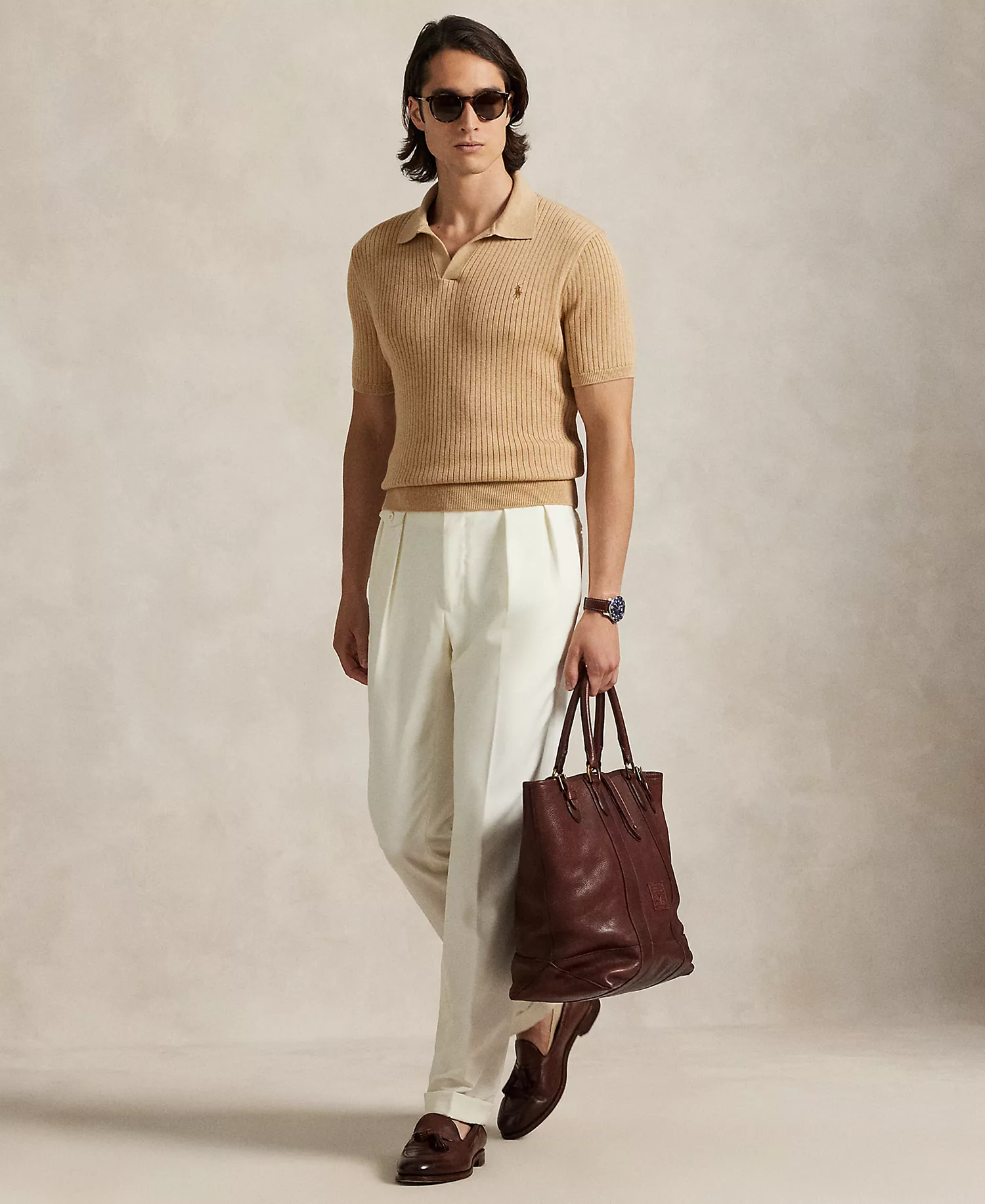 Men's Rib-Knit Cotton Johnny Collar Sweater - Camel Melange - 2XL