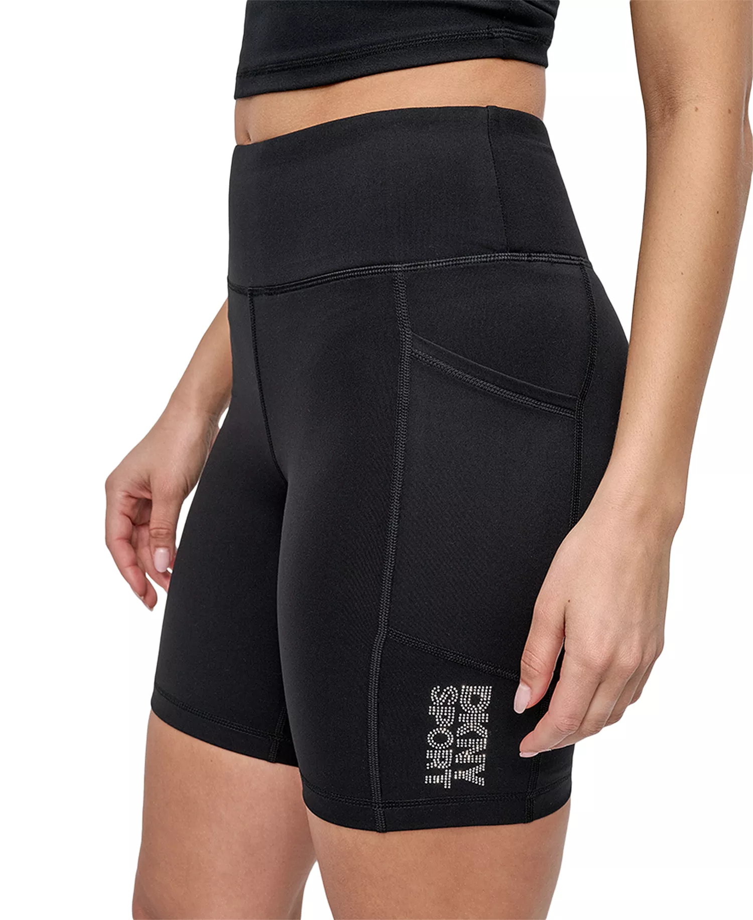 Women's Rhinestone-Logo Pocket Bike Shorts - Black/silver - XS