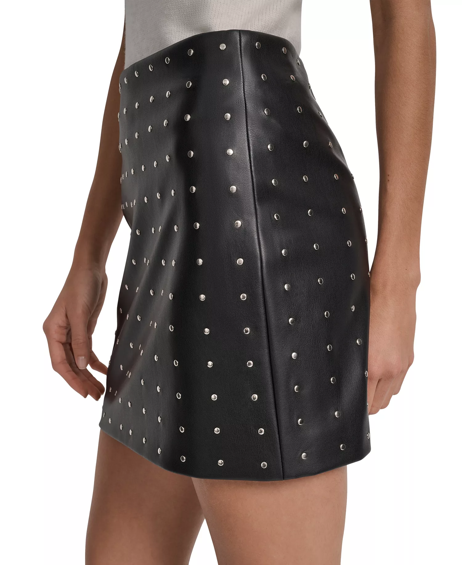 Women's Embellished Faux Leather Mini Skirt - Black - 16