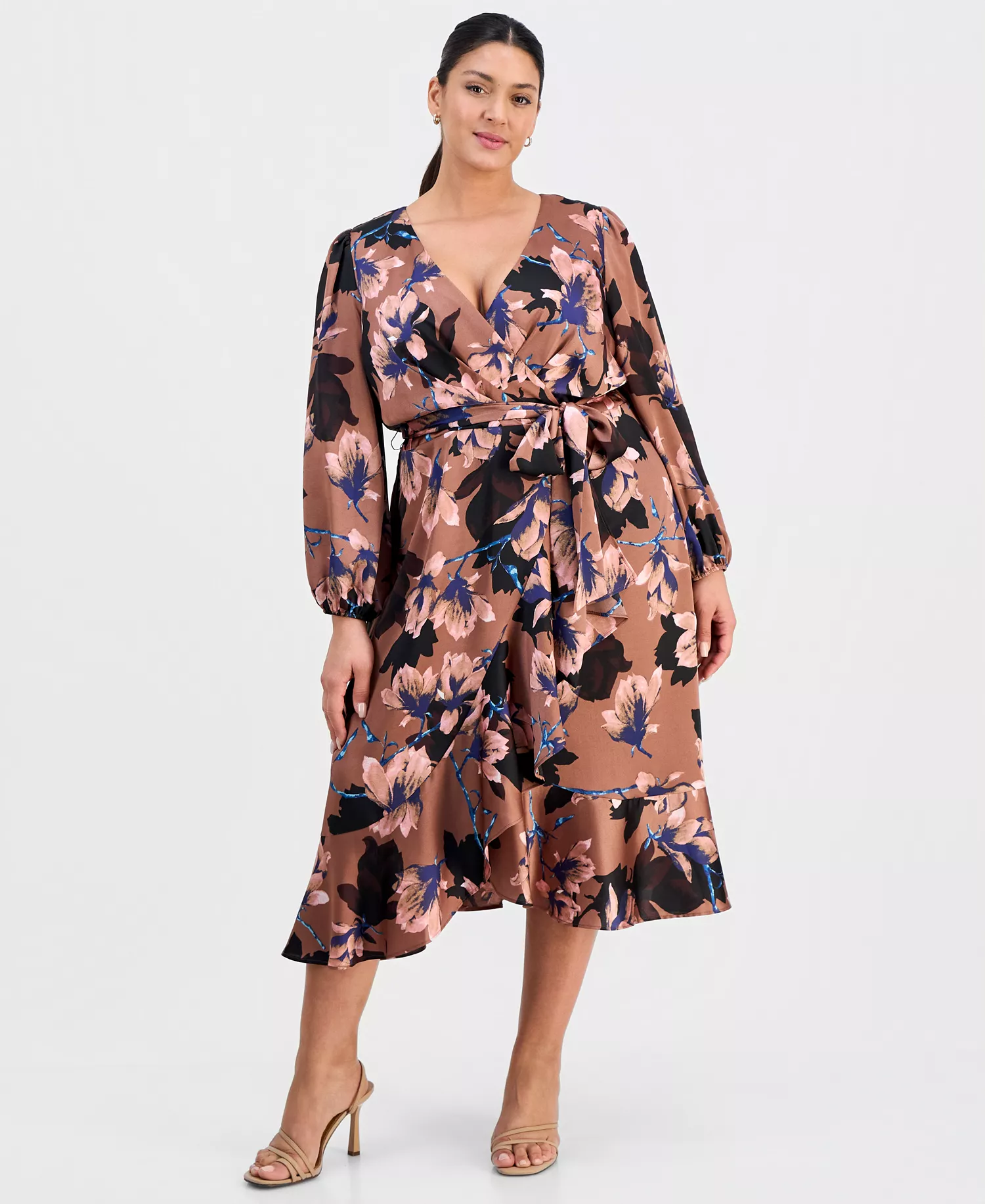 Plus Size Floral Print Faux-Wrap Midi Dress - Mauve Floral - 14W