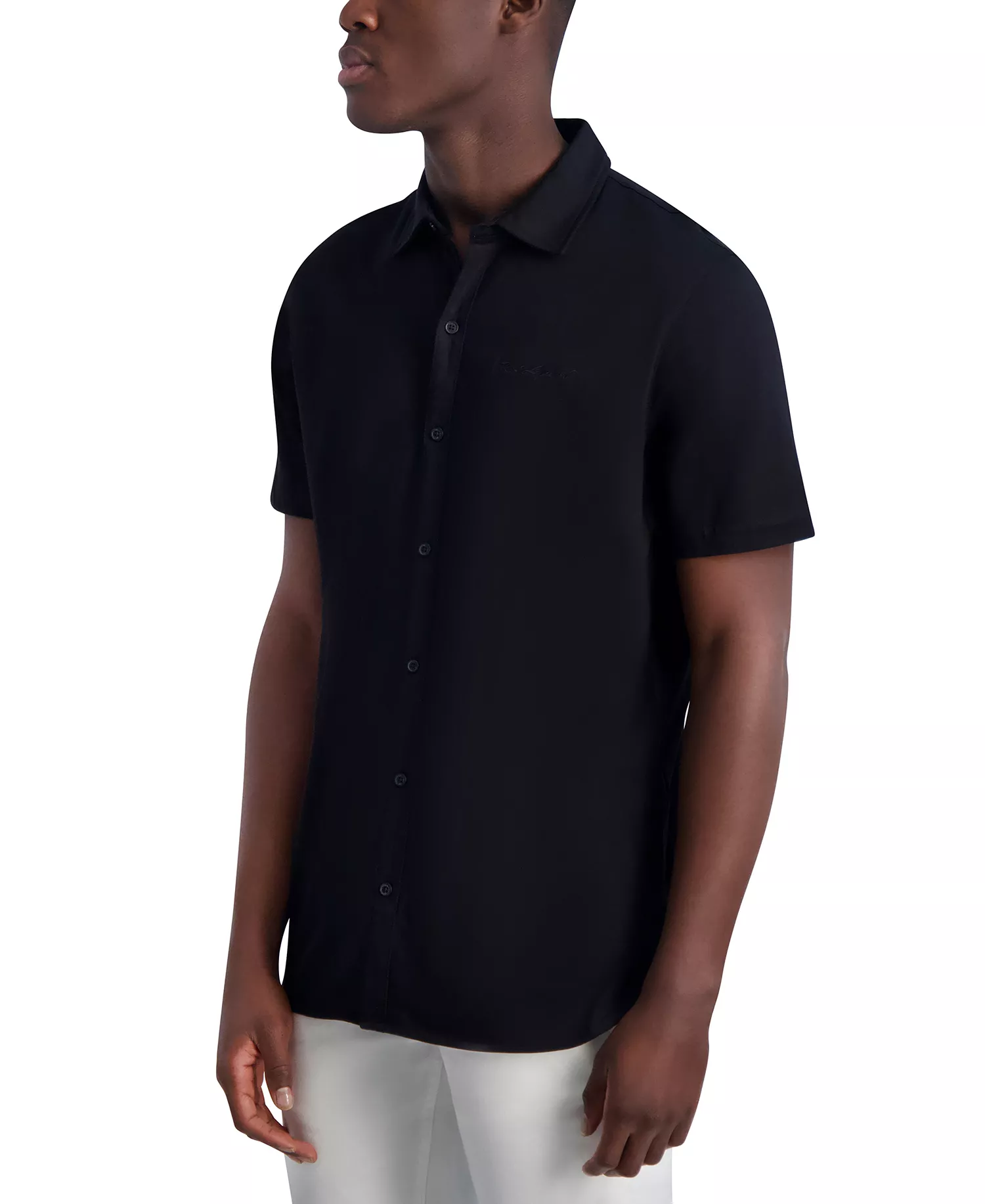 Men's Short Sleeve Collared Knit Button Front T-Shirt - Black - M