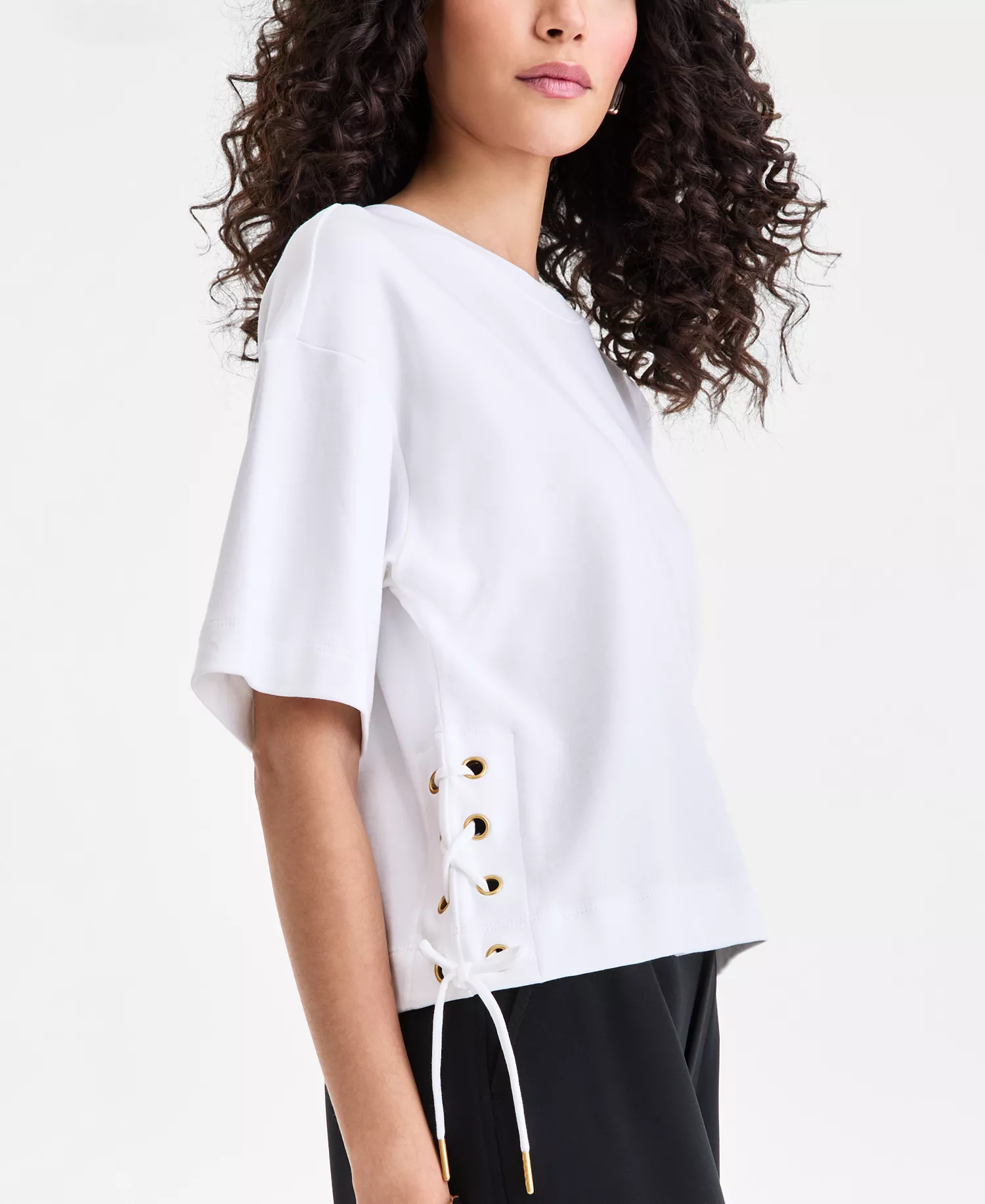 Women's Cotton Lace-Up-Hem T-Shirt, Macy's Exclusive - Bright White - L
