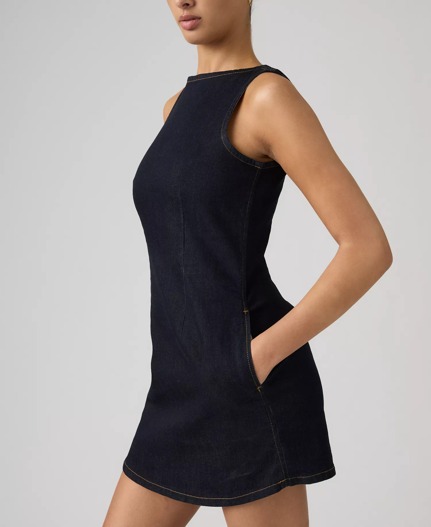 Women's Boat Neck Denim Dress - Fem Fatale - L