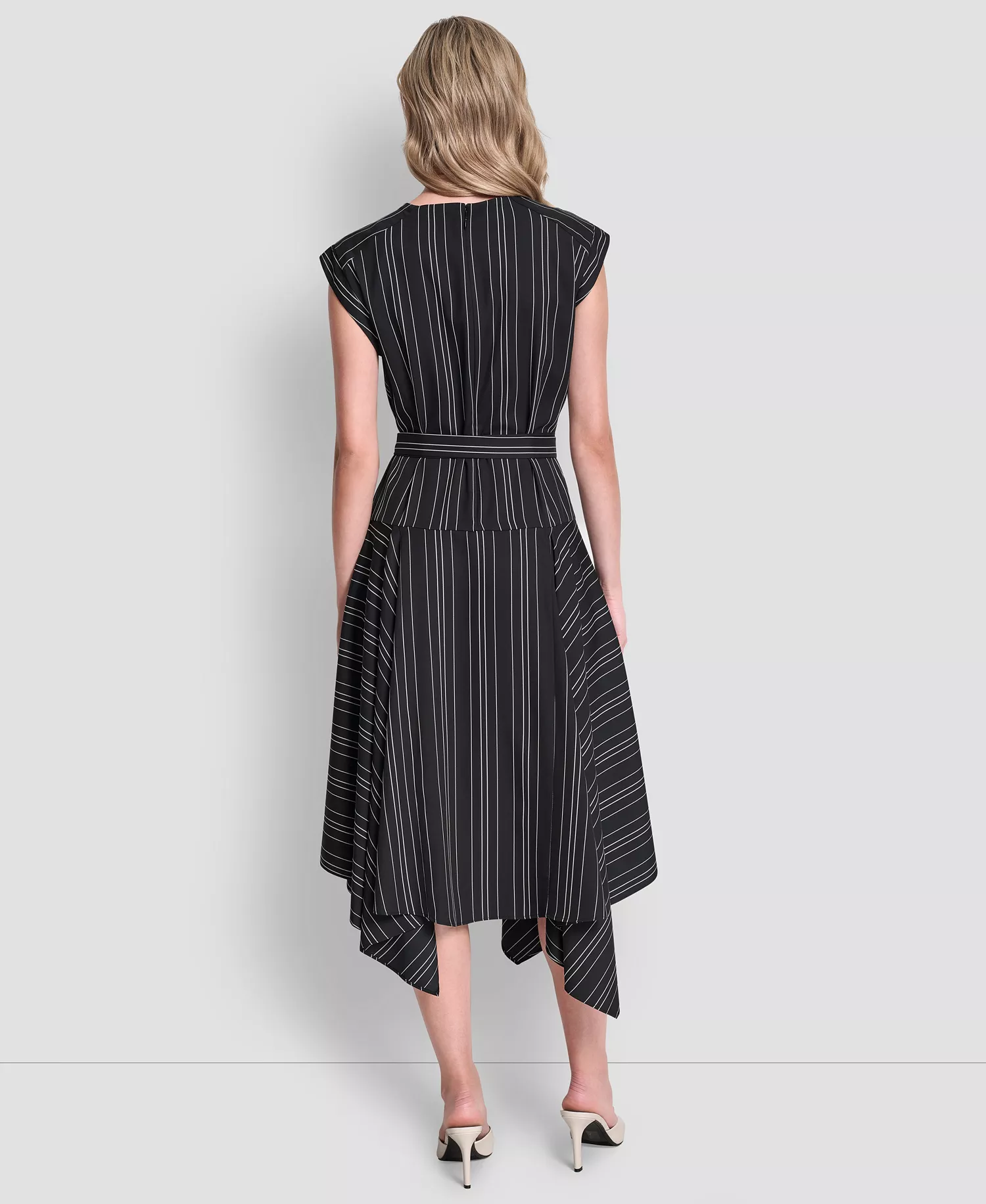 Women's Cap-Sleeve Asymmetric Hem Midi Dress - Black/Ivory - 10