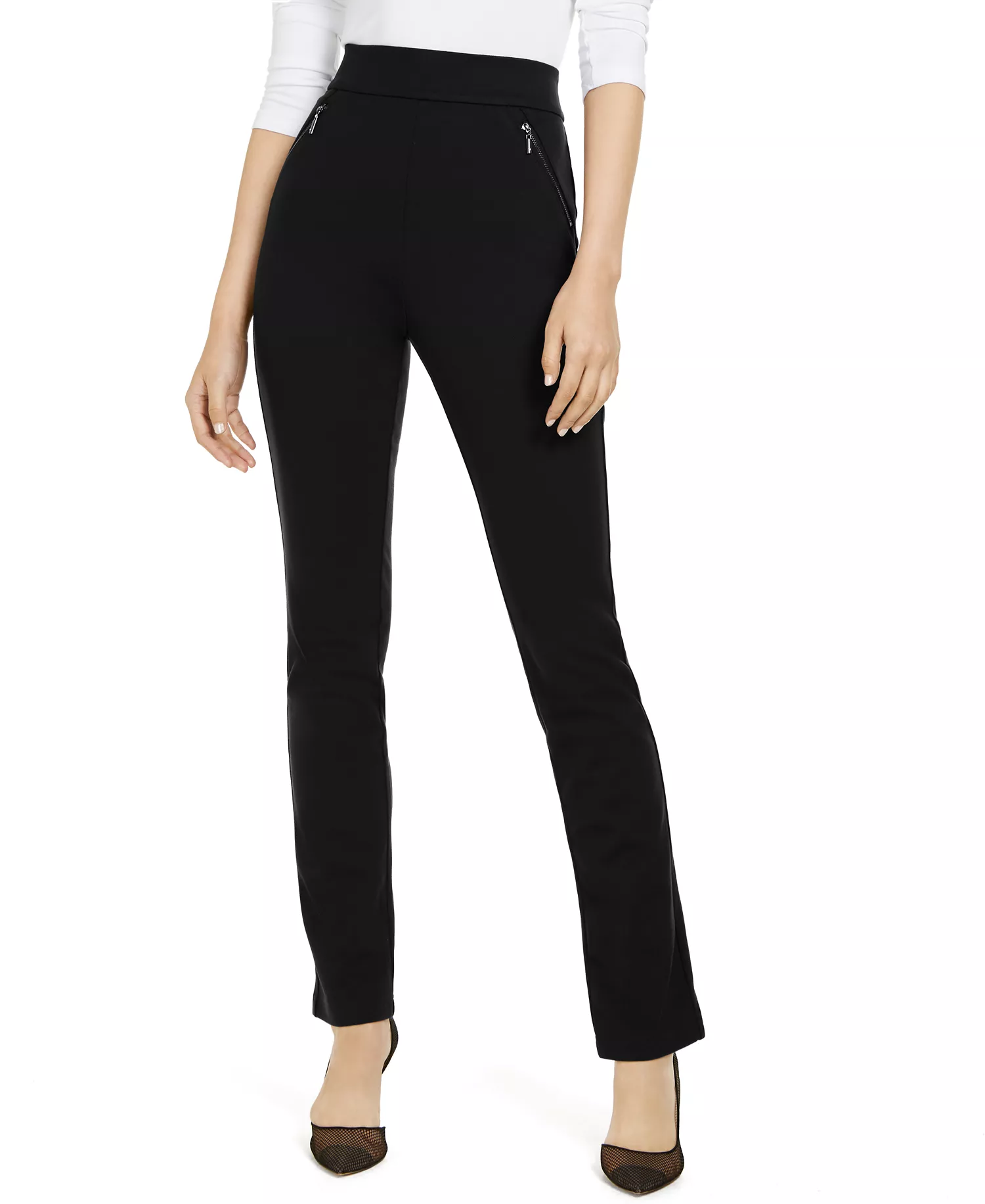 Petite High-Rise Zip-Pocket Pants, Created for Macy's - Deep Black - 0P