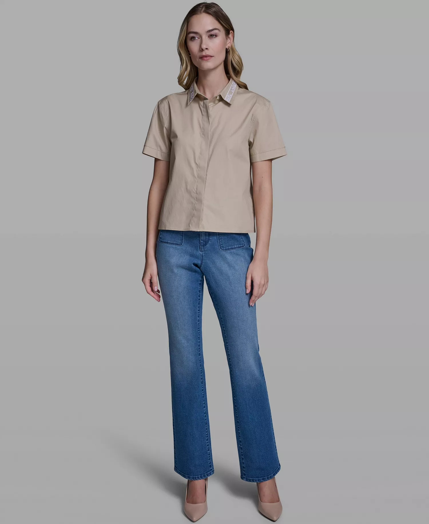 Women's Short-Sleeve KLP Embroidered-Collar Top - French Beige - L