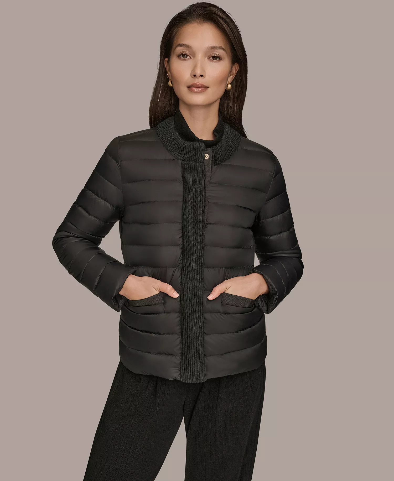 Women's Down Fill Packable Puffer Jacket with Sweater Trim Collar - Black - L