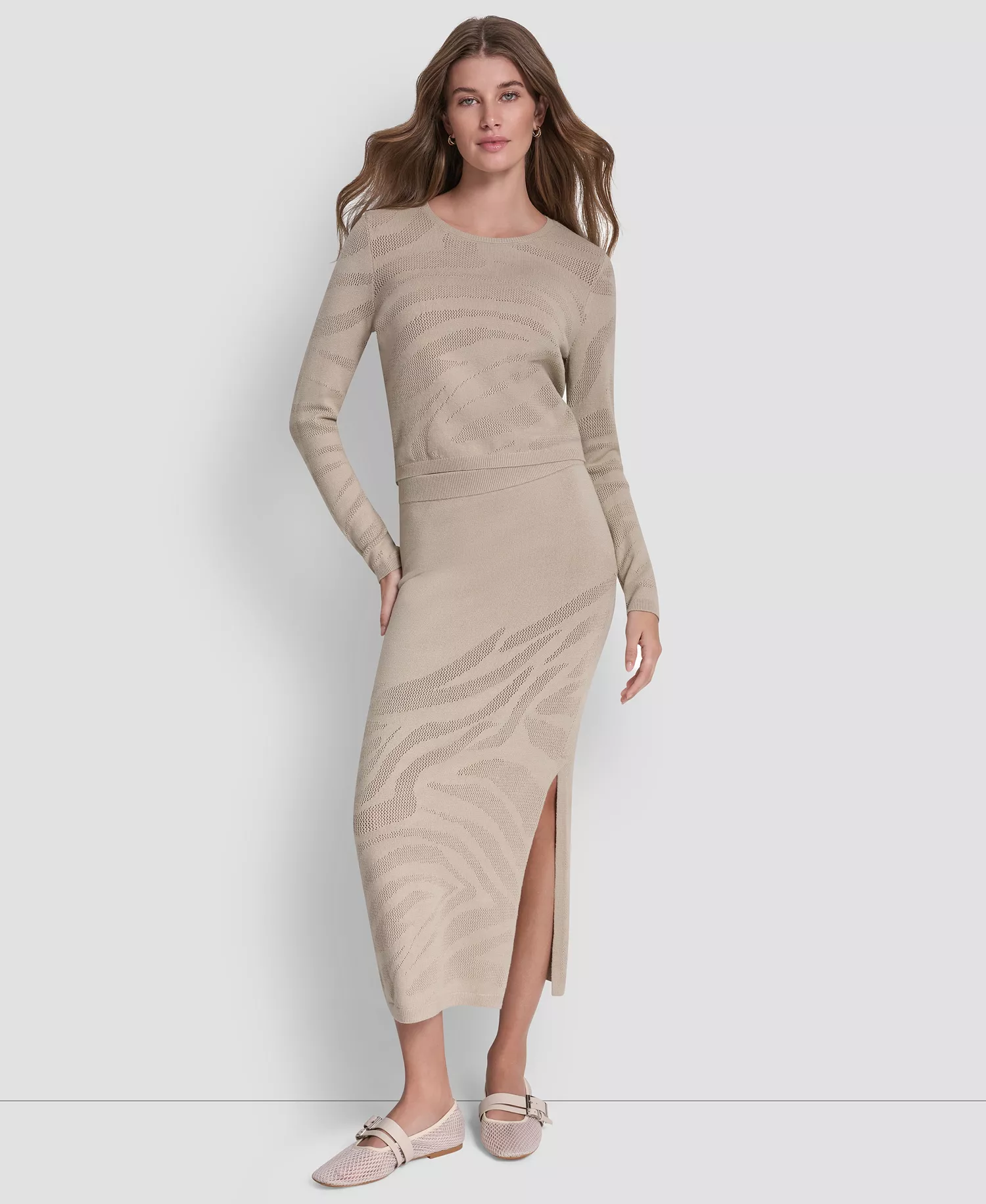 Women's Crewneck Zebra Pointelle Cropped Sweater - Pebble - L