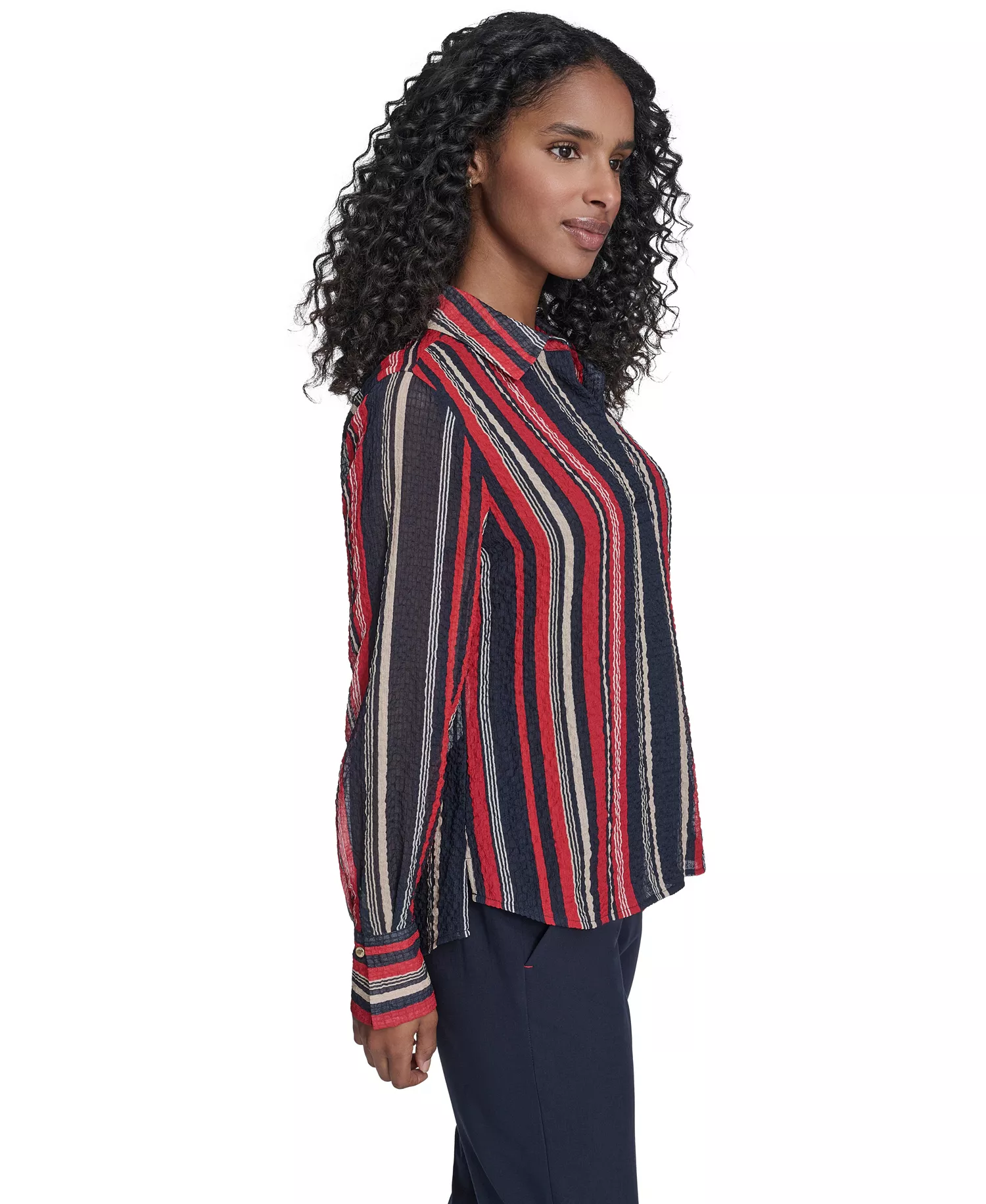 Women's Striped Long Sleeve Pull-On Blouse - Midnight/ Scarlet - L