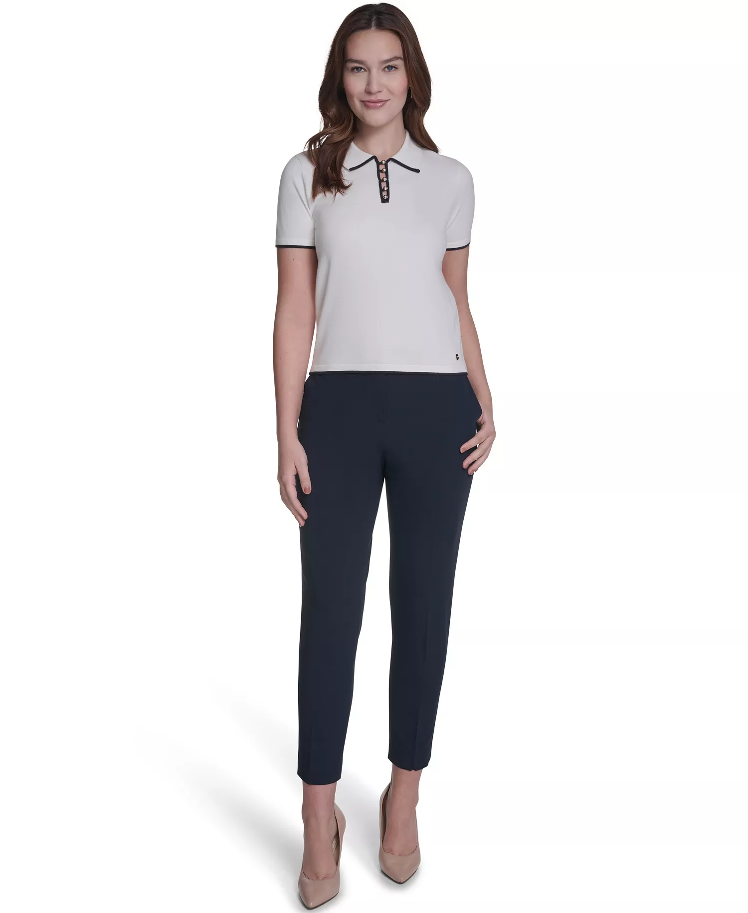 Women's Collared Tipped Polo Sweater - Bright White/Midnight - L