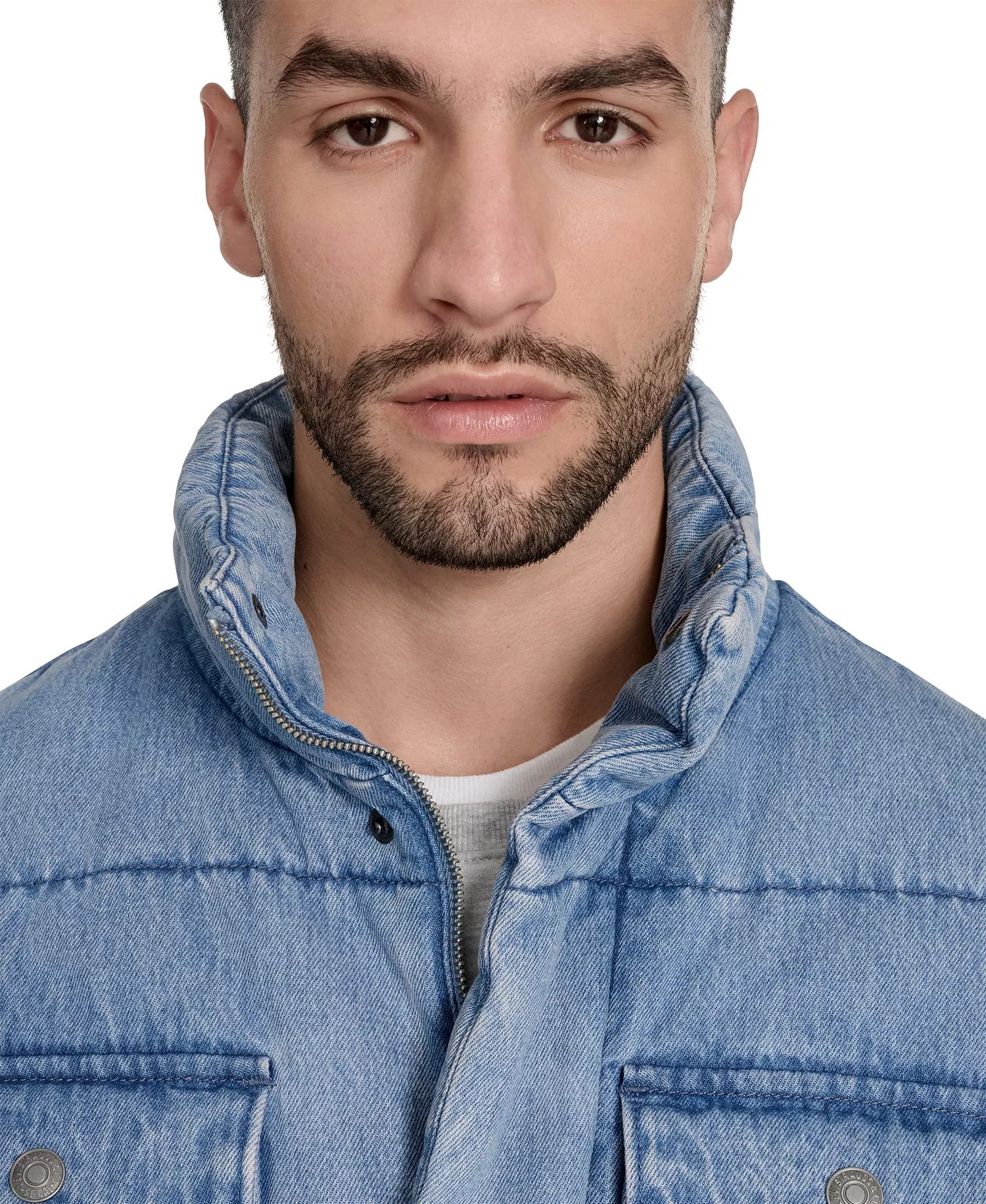 Men's Denim Quilted Puffer Jacket - Light Wash Denim - 2XL