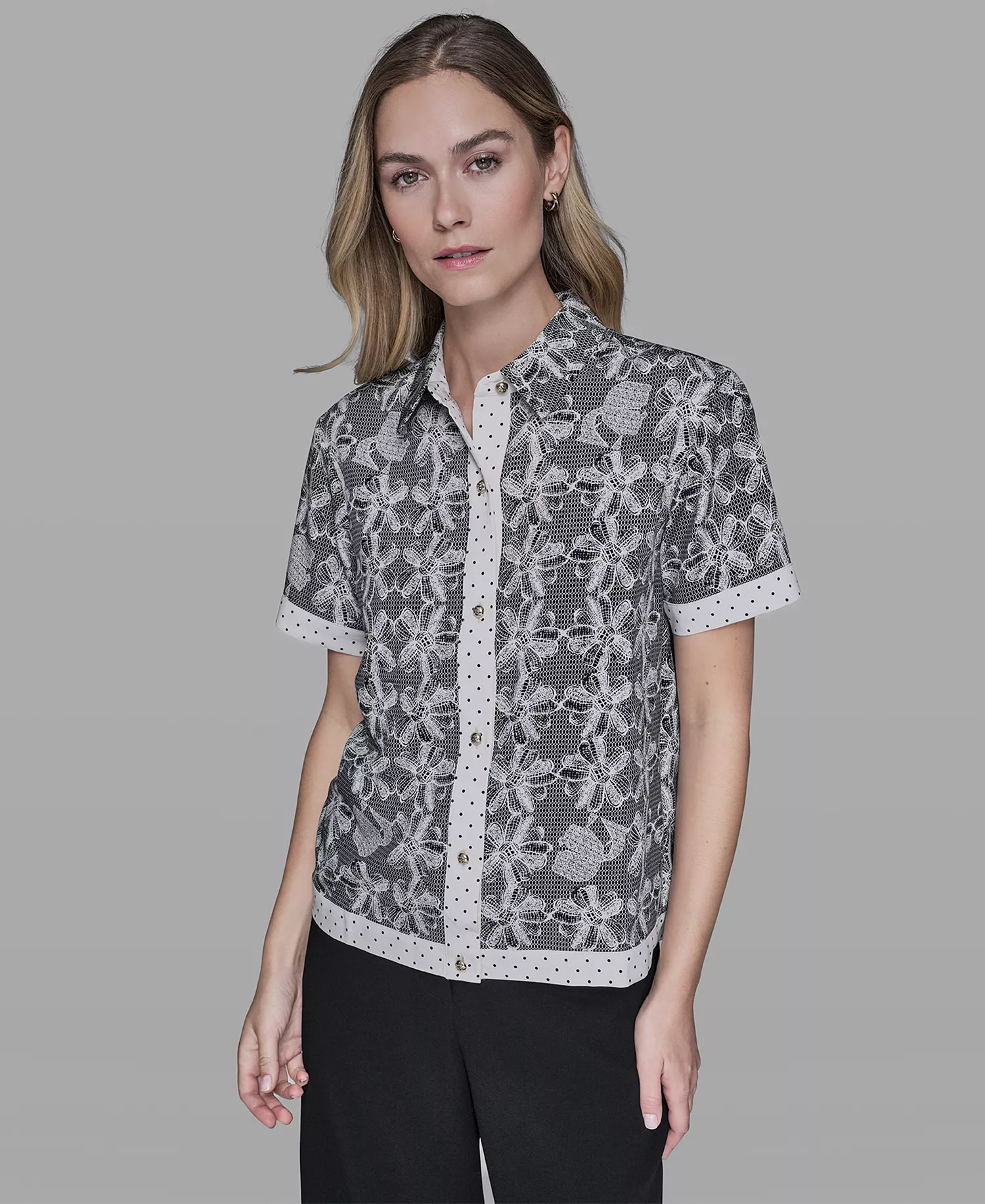 Petite Printed Collared Camp Shirt - Black/Bisque - P/L