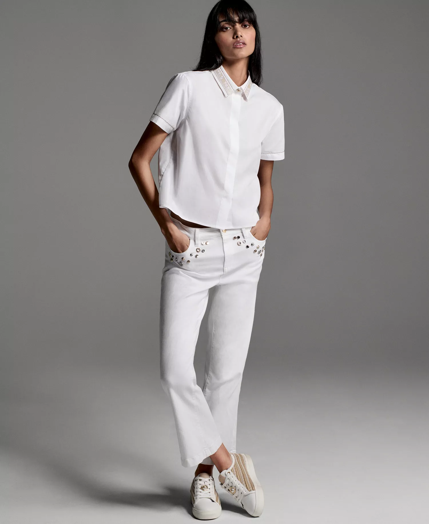 Women's Mid-Rise Studded-Pocket Straight Jeans - White Denim - 0