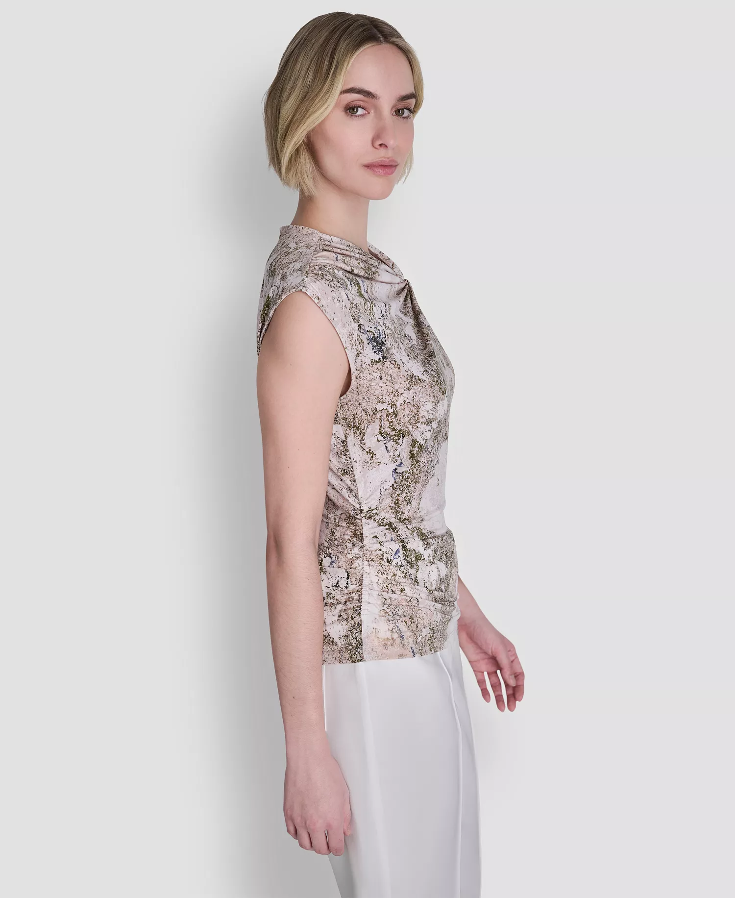 Women's Sleeveless Printed Asymmetrical Neck Knit Top - Coconut/tr - L