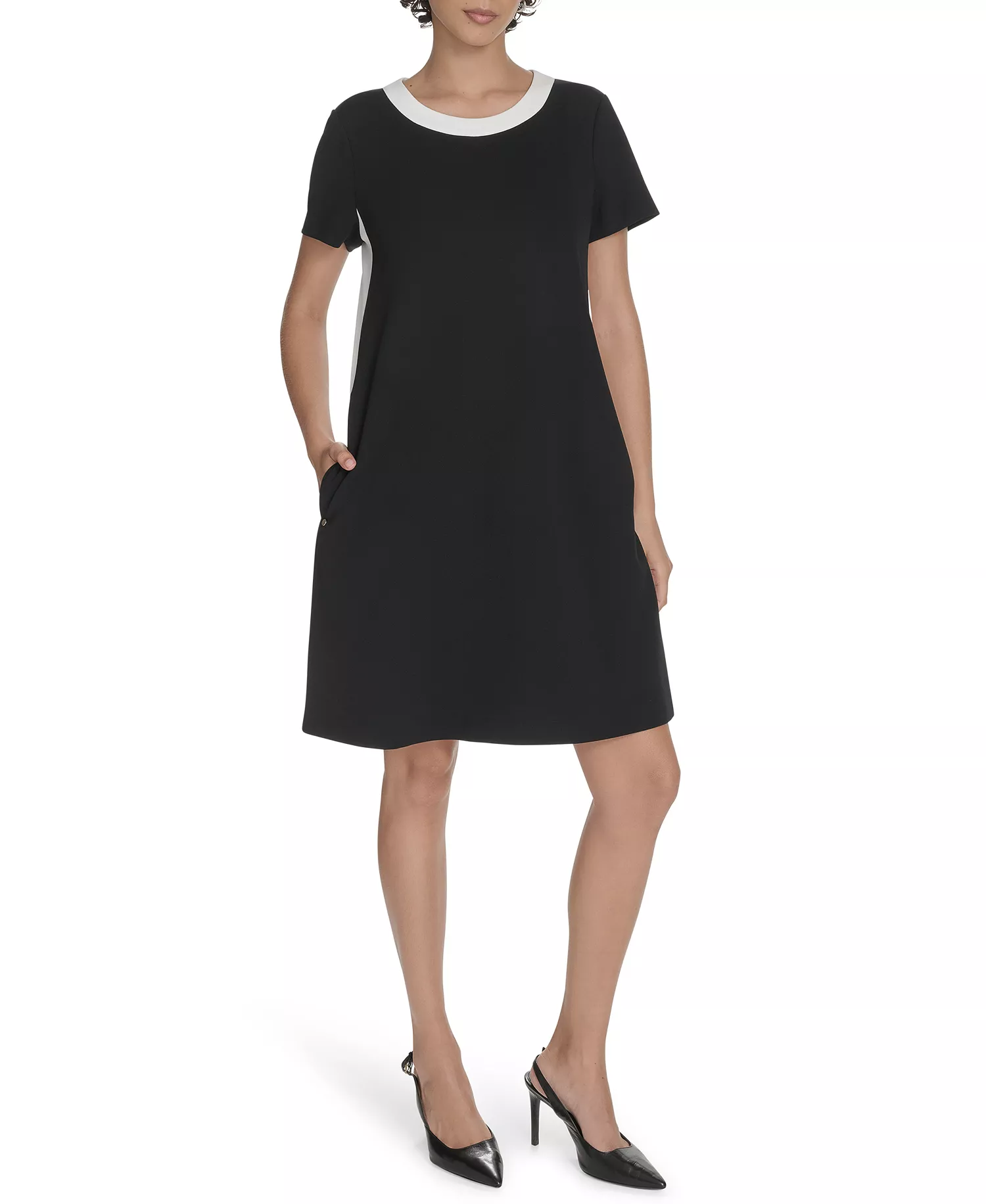 Women's Short-Sleeve Scuba Crepe Shift Dress - Black/Ivory - 10