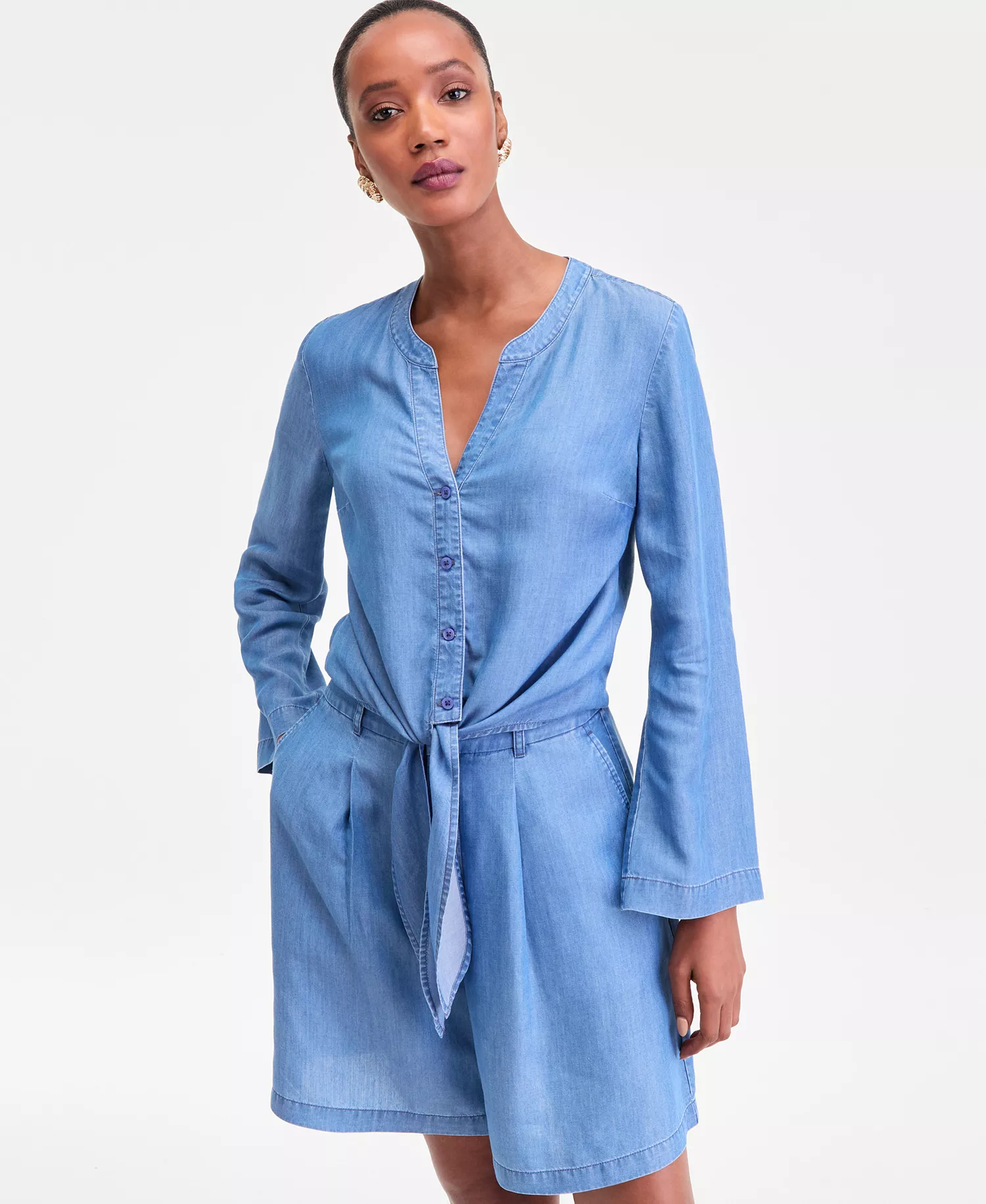 Women's Chambray Long-Sleeve Tie-Front Top, Macy's Exclusive - Medium Indigo - L