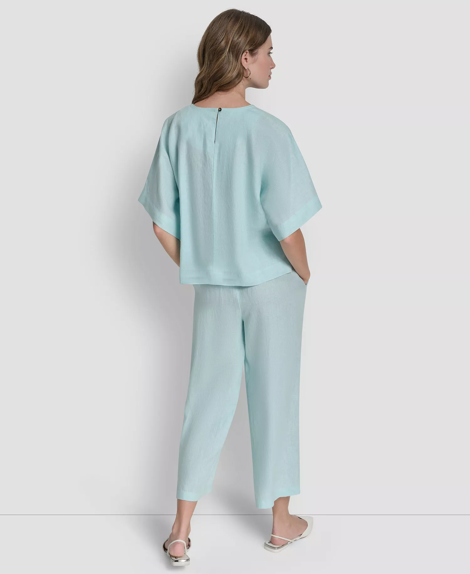 Women's Linen Drop Shoulder Short-Sleeve Top - Aqua - L