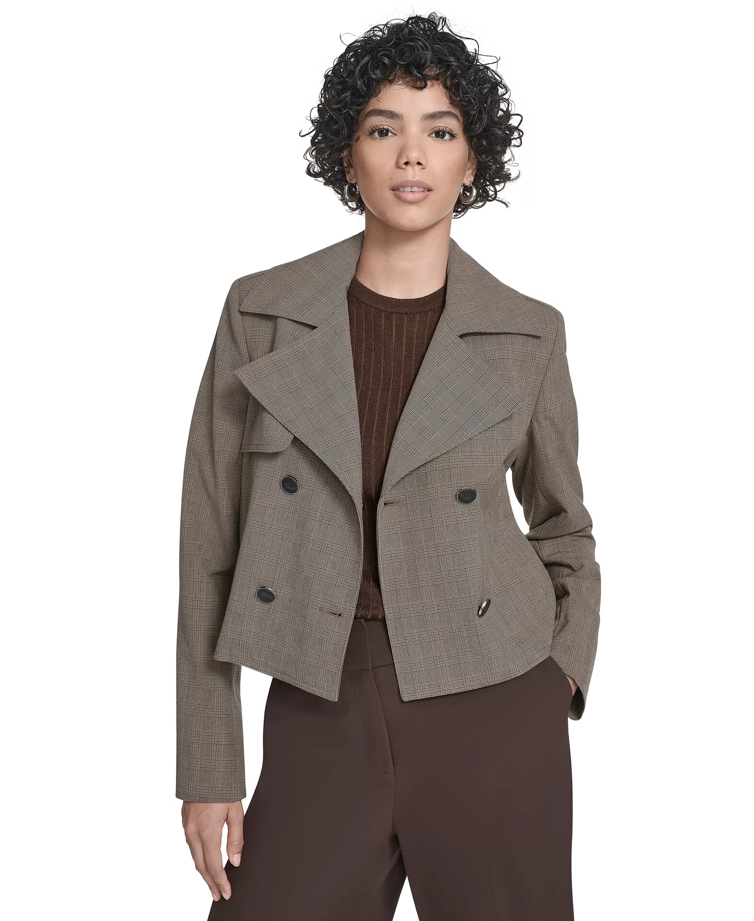 Women's Notch Lapel Collar Cropped Trench Jacket - Oak Leaf Multi - 10